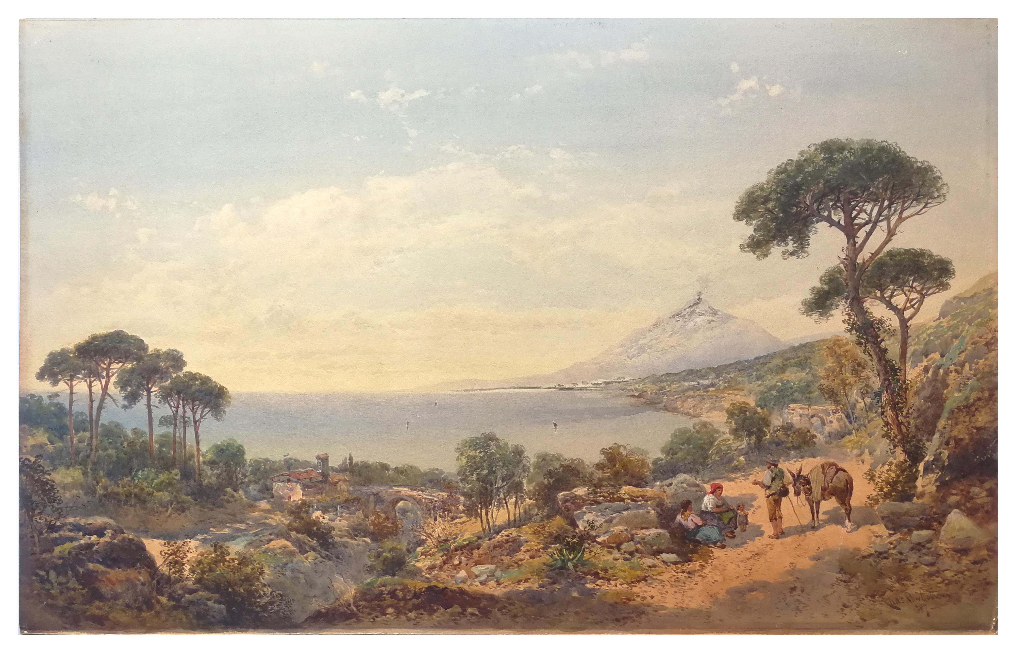 Thomas Charles Leeson Rowbotham Figurative Art - View Of Etna From Taormina - Original Watercolor on Cardboard