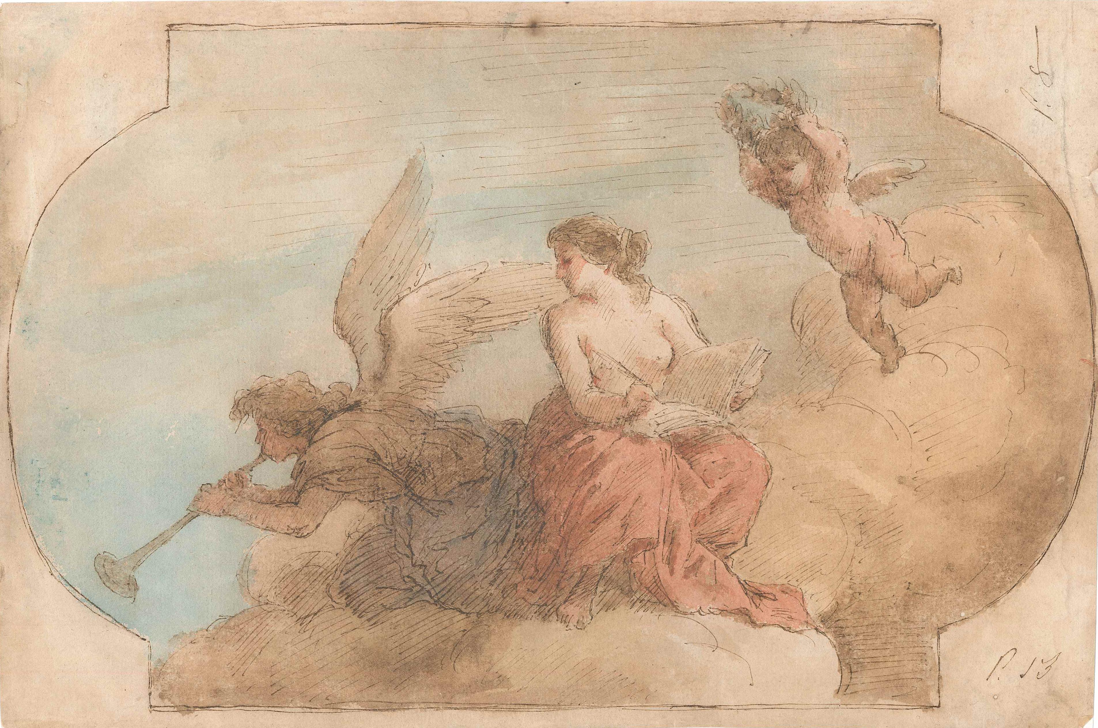 Jacobo Amigoni Figurative Art - Allegorical Scene - Pen, Brown Ink and watercolor attributed. to J. Amigoni