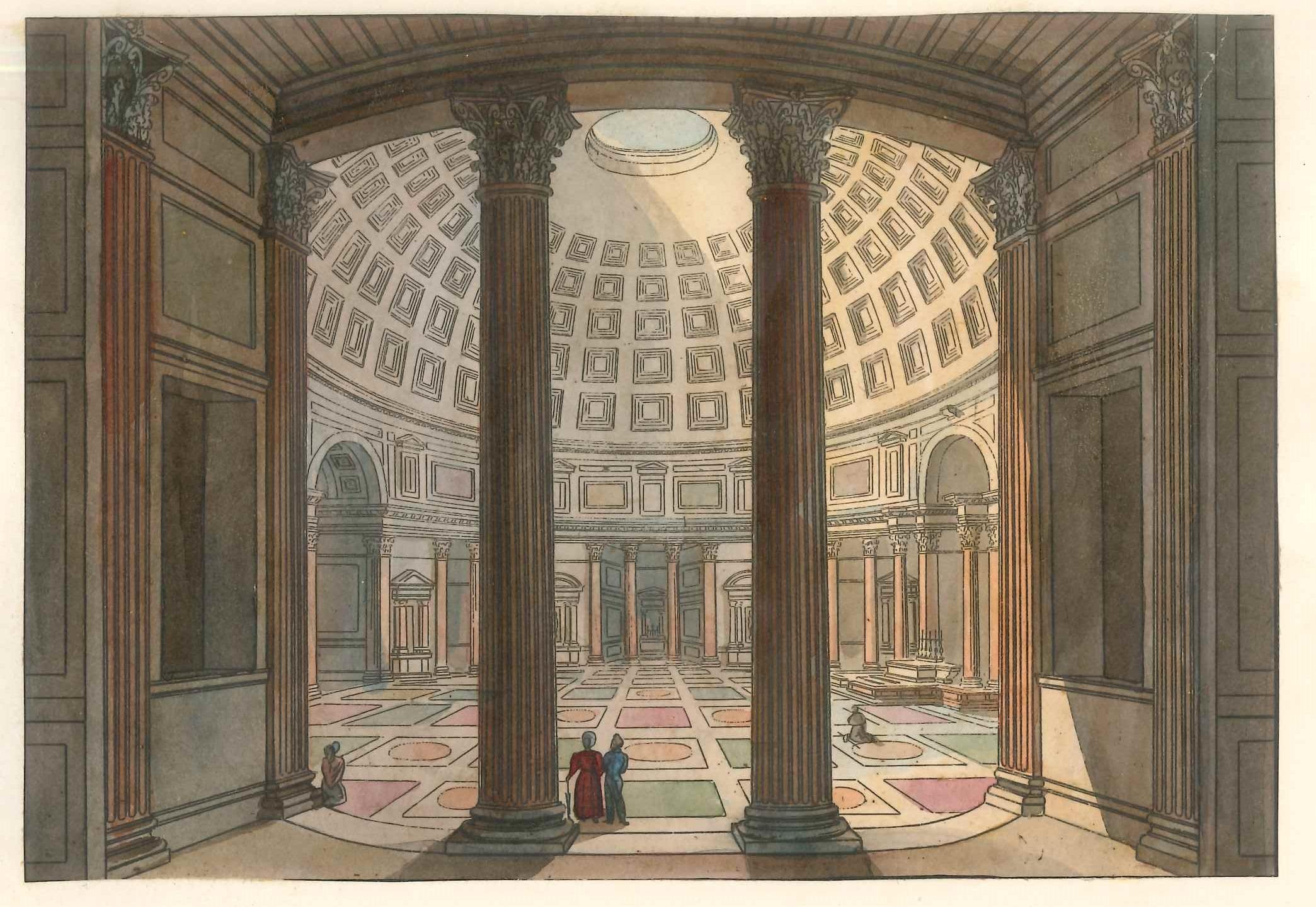 The Pantheon - Original Lithographs and Watercolors - Mid 19th Century - Print by Unknown