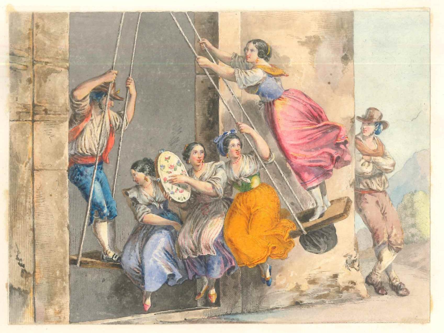 Unknown Figurative Print - Genre Scenes / Rome 1800 - Lithographs and Watercolors - Mid 19th Century