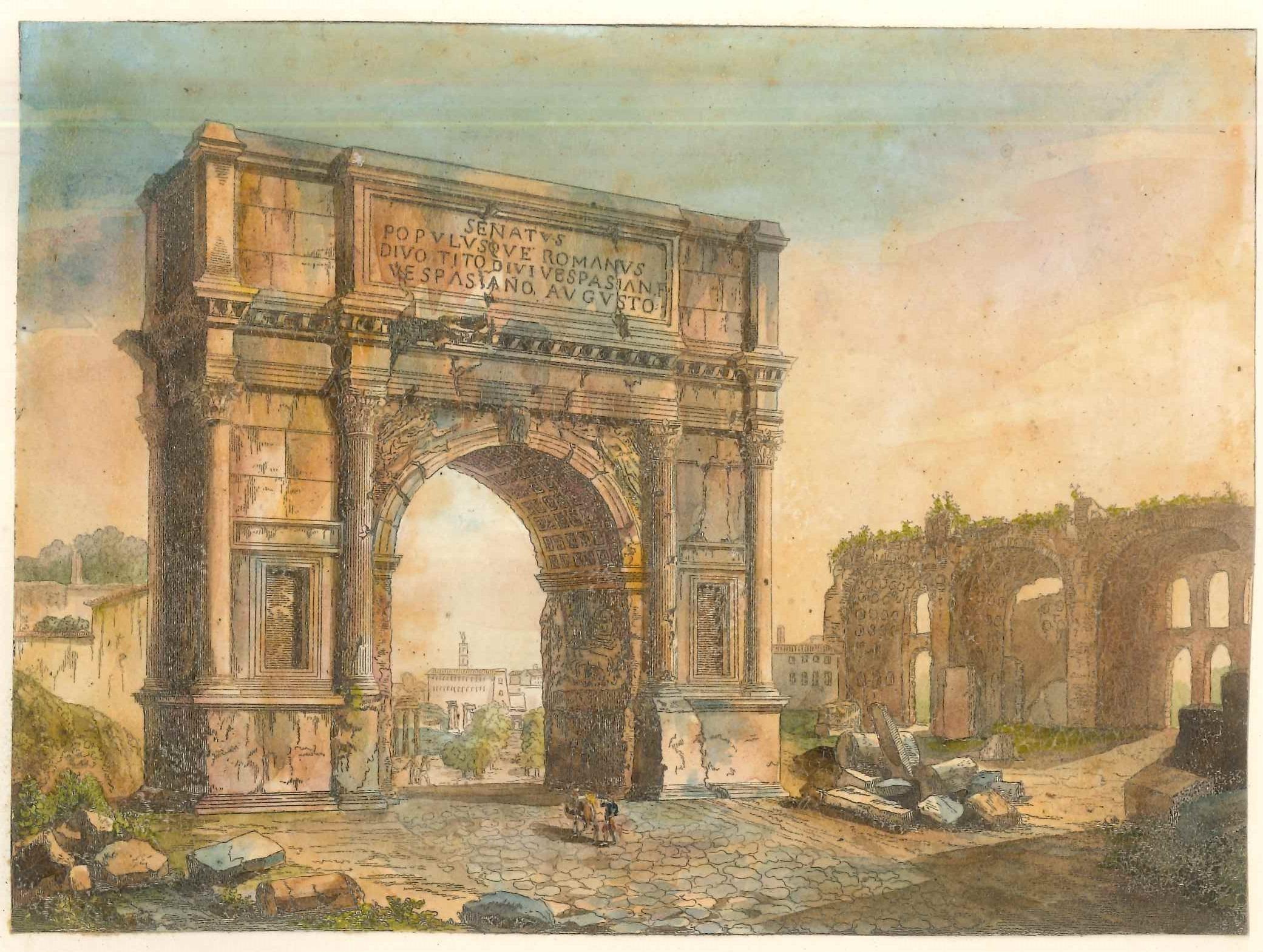 Unknown Figurative Print - Triumphal Arches - Original Lithographs and Watercolors - Mid 19th Century