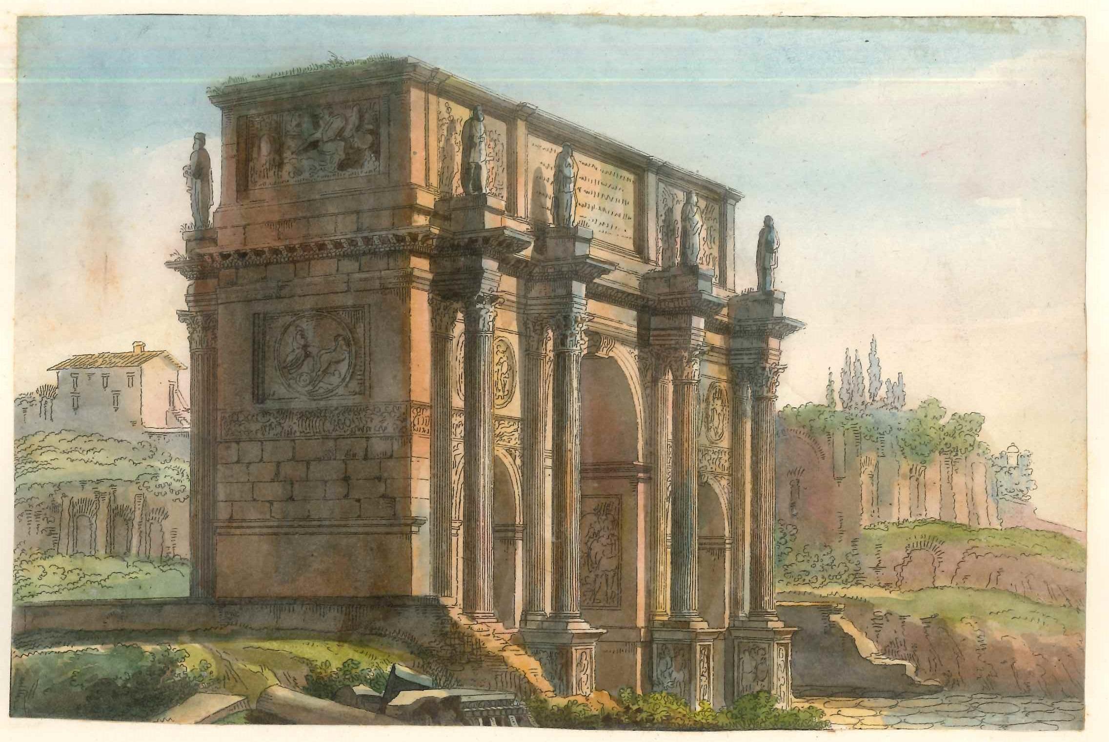 Triumphal Arches - Original Lithographs and Watercolors - Mid 19th Century - Brown Figurative Print by Unknown