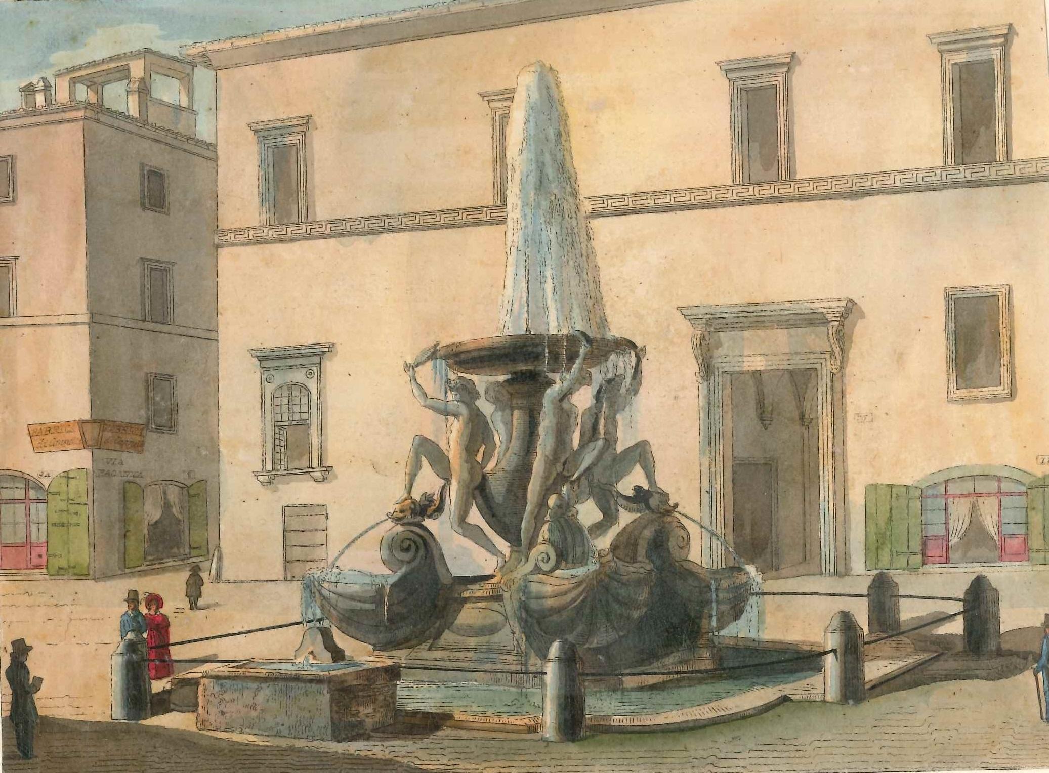 Unknown Figurative Print - Roman Fountains - Original Lithographs and Watercolors - Mid 19th Century