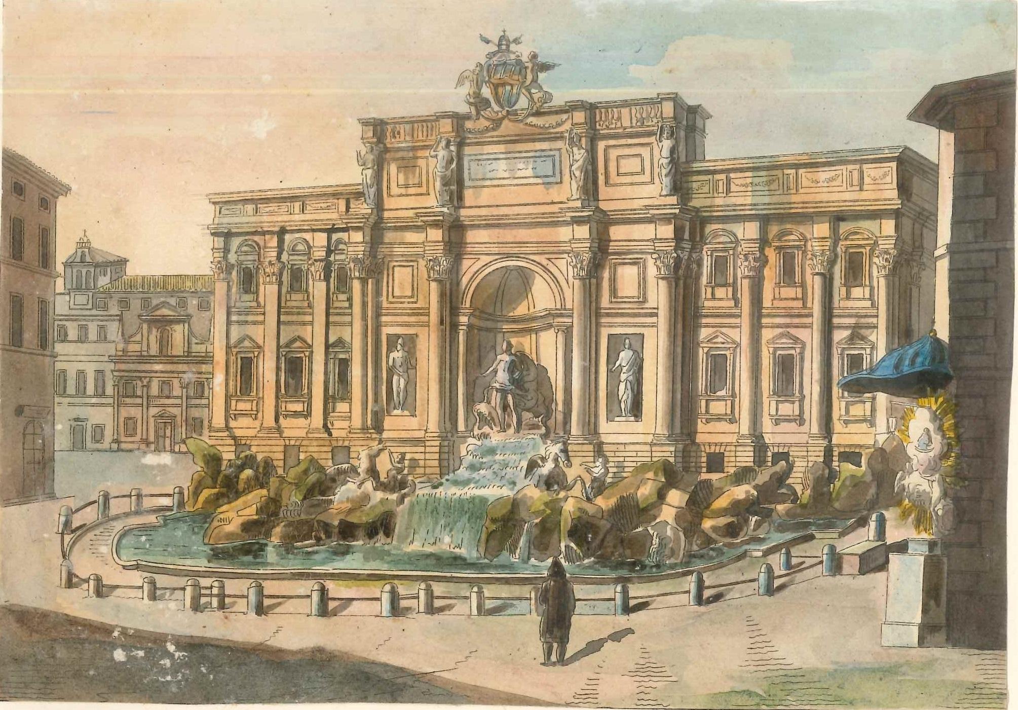 Roman Fountains - Original Lithographs and Watercolors - Mid 19th Century - Print by Unknown