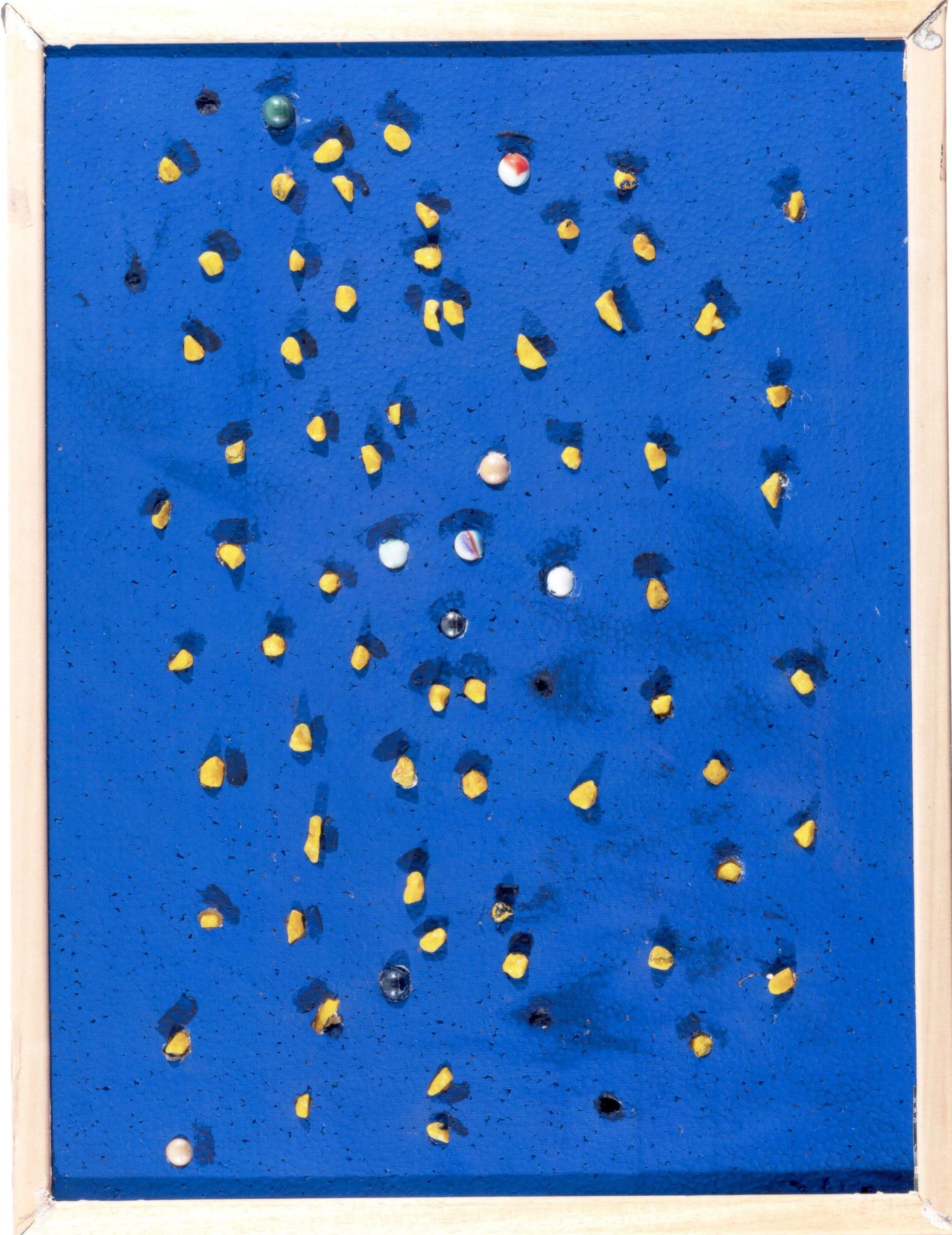 Stones on Blue is an original artwork realized in 2014 by the Italian contemporary artist Mario Biagetti. 

Acrylic painting on polyestere; plastic materials.

Wood minimal frame is included. 

Perfect conditions. 

Stones on Blue is a minimal