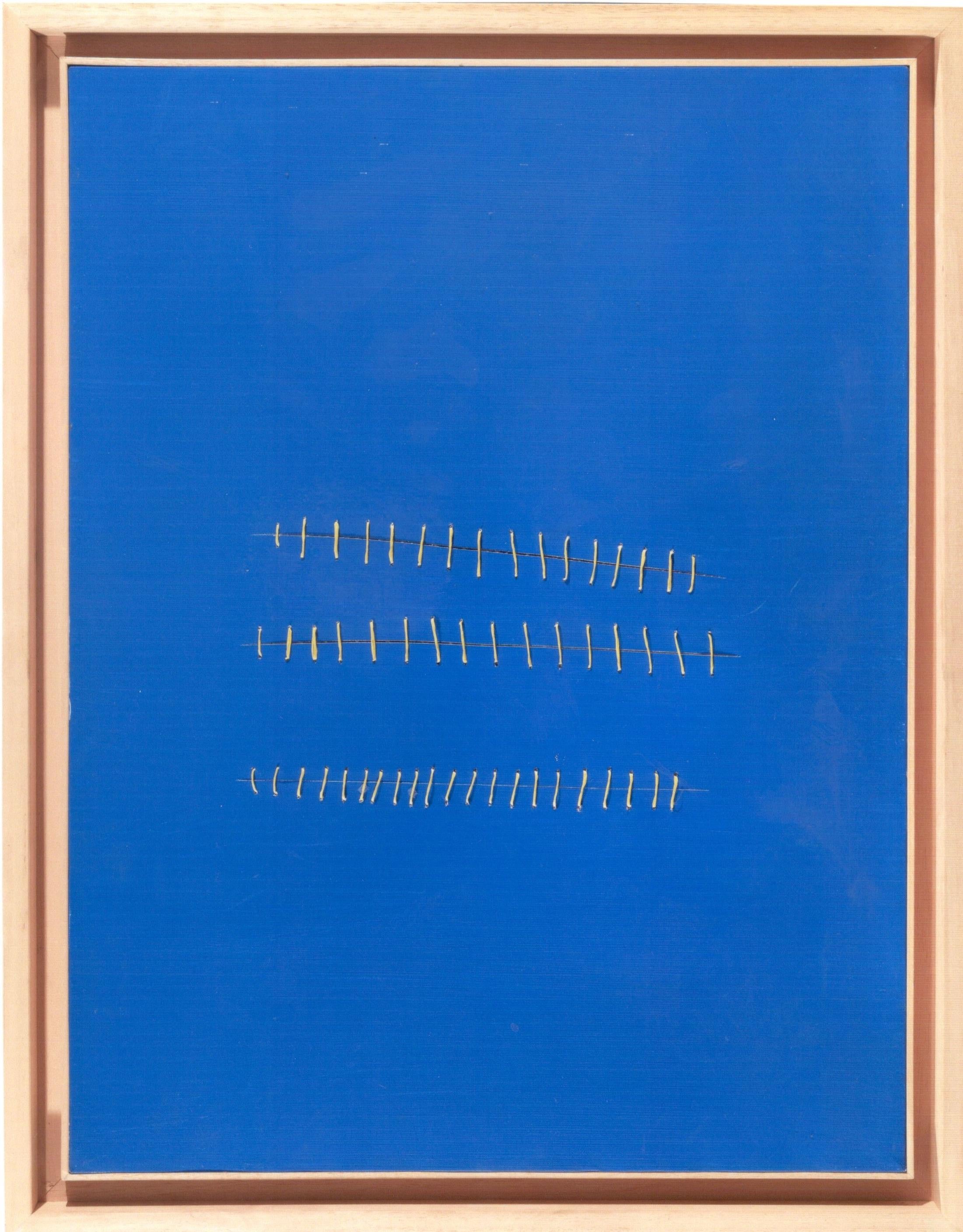 Seams on Blue is an original artwork realized by the Italian contemporary artist Mario Bigetti in 2013. 

Blue acrylic painting on canvas. 

A minimal wood frame is included. 

Perfect conditions. 

The artwork reproduces three horizontal cut on the
