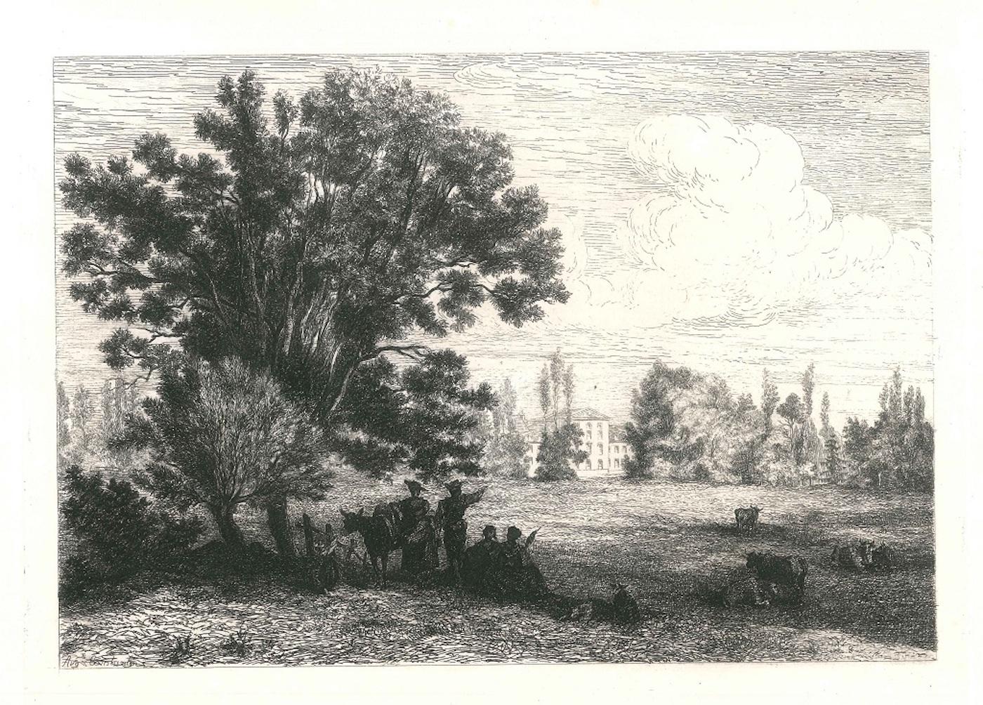 Auguste Aristide Fernand Constantin Landscape Print - Landscape - Original Etching and Drypoint by J.-F. Chaigneau - 1863