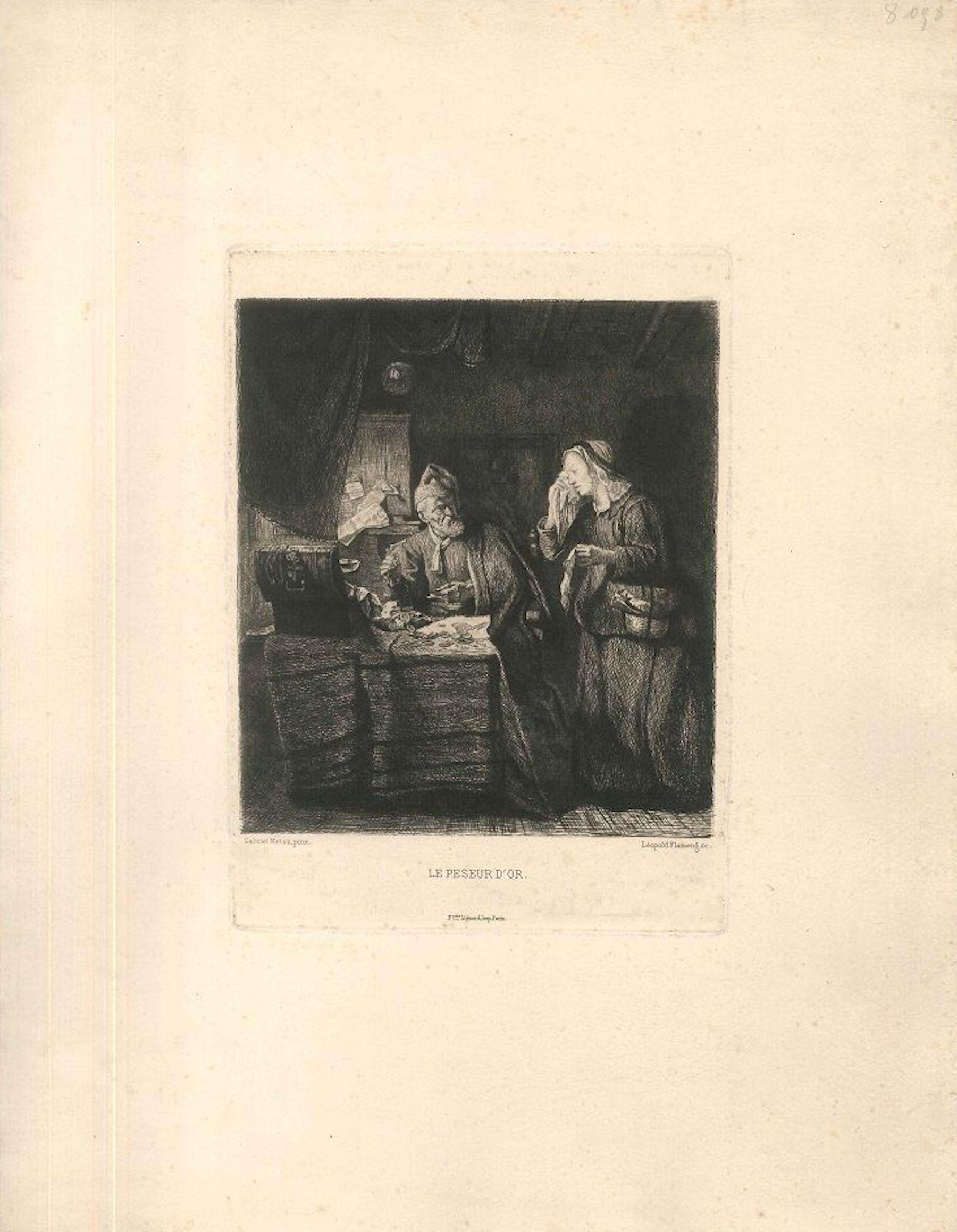 Le Peseur d'Or - Original-Radierung von Lopold Flameng - 1873 – Print von Léopold Flameng