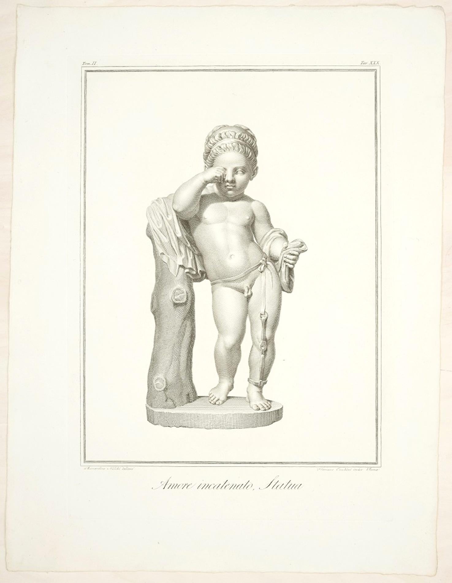 Skulptur eines Amors, getätzt – Original-Radierung von F. Cecchini – 1821