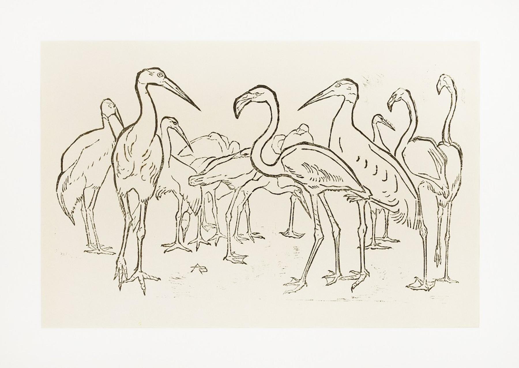 Storks and Flamingos - gravure sur bois originale d'un artiste français inconnu