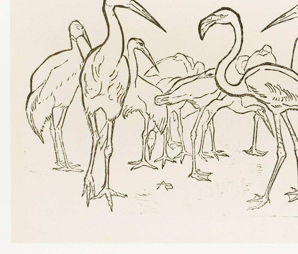 Storks And Flamingos is an impressive original black and white xylograph on paper realized by Anonymous artist in the XX Century.

Including white cardboard passepartout, cm  49 x 69. Monogram of the unknown french artist beginning of 20th century 