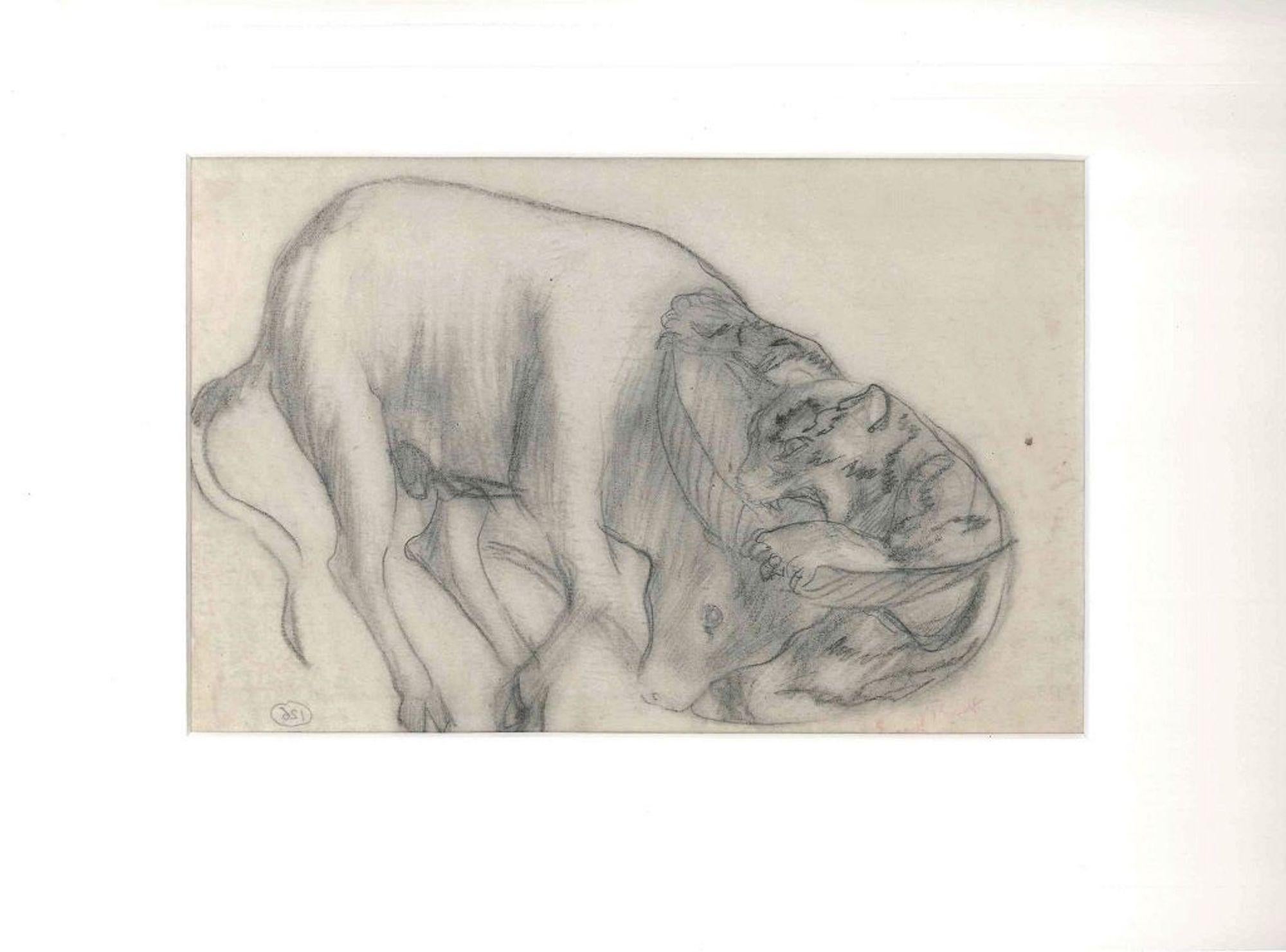 The Feline and the Ox - Original Pencil Drawing by Ernest Rouart - Early 1900