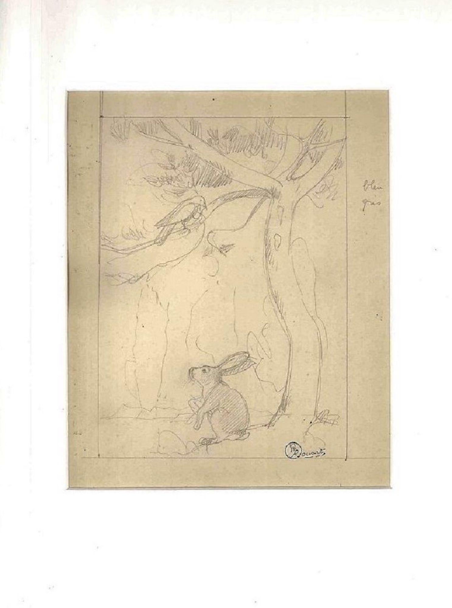 The Hare and the Bird - Original Pencil Drawing by Ernest Rouart - Early 1900 1