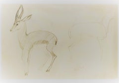 Used Couple of Deers - Original Pencil Drawing by Ernest Rouart - Early 1900