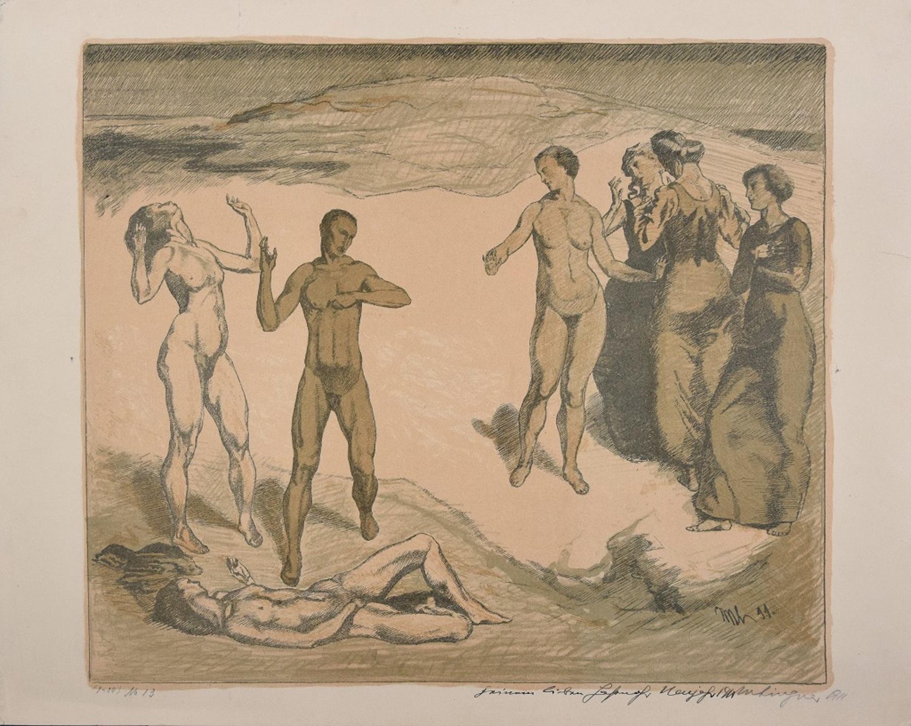 Composition with Nudes - Hand Colored Lithograph by Max Lingner - 1911