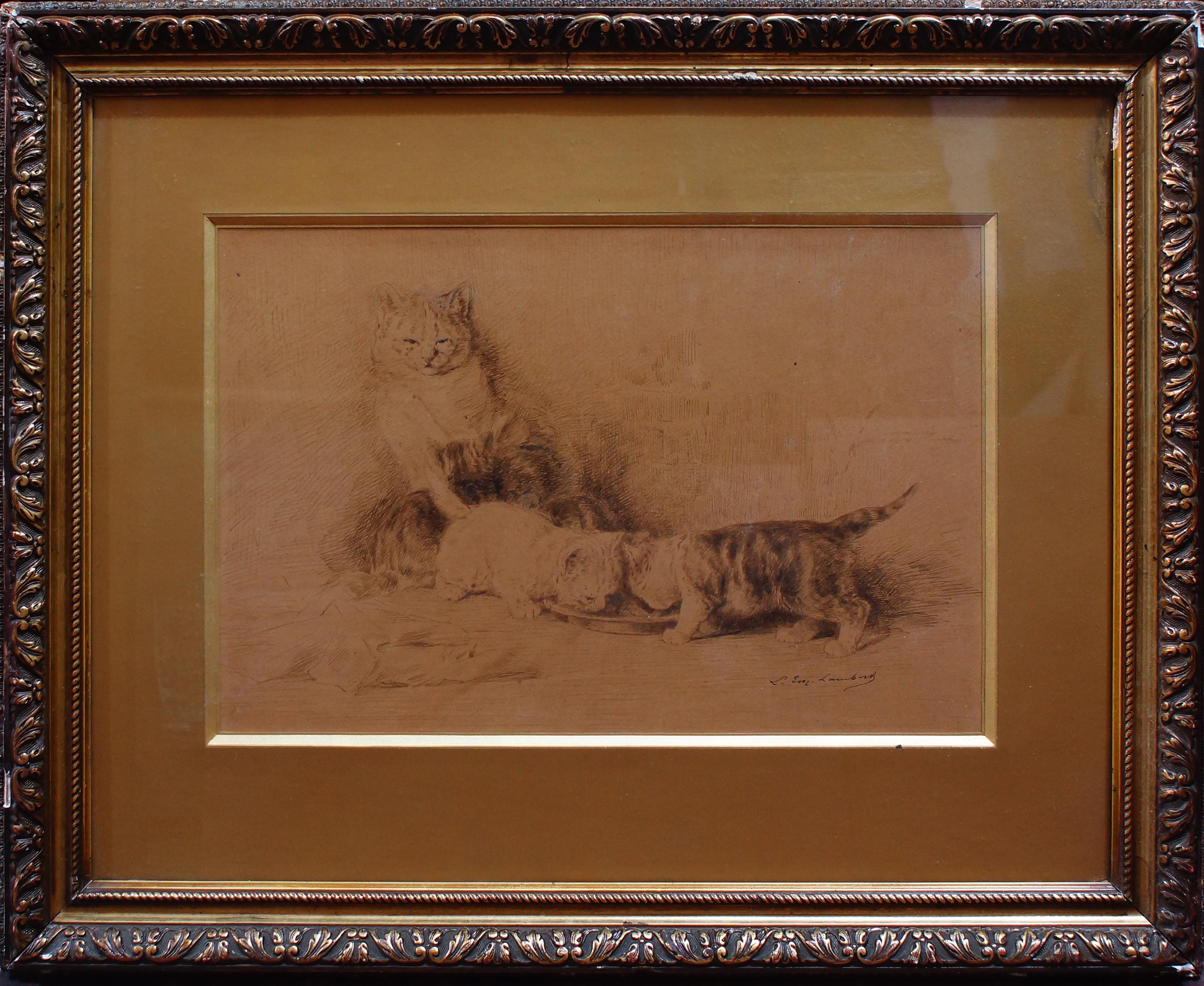 Three Little Cats -  China Ink Drawing by L.-E- Lambert - 1890 ca. - Art by  Louis Eugène Lambert