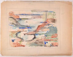 Sketched Landscape - Original Pencil and Watercolor by J. Dreyfus-Stern 