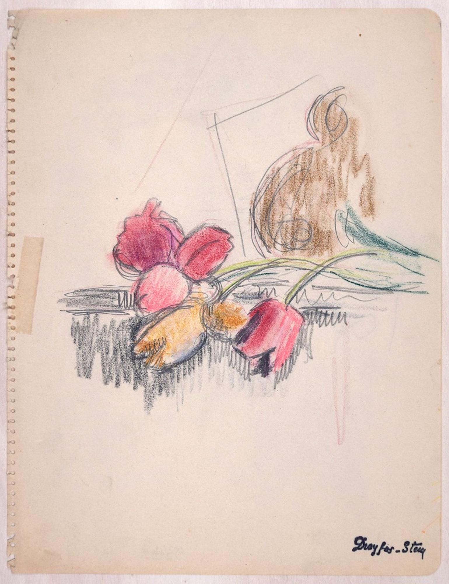 Jean Dreyfus-Stern Interior Art - Sketch of Flowers - Original Pastel, Charcoal and Pencil Drawing