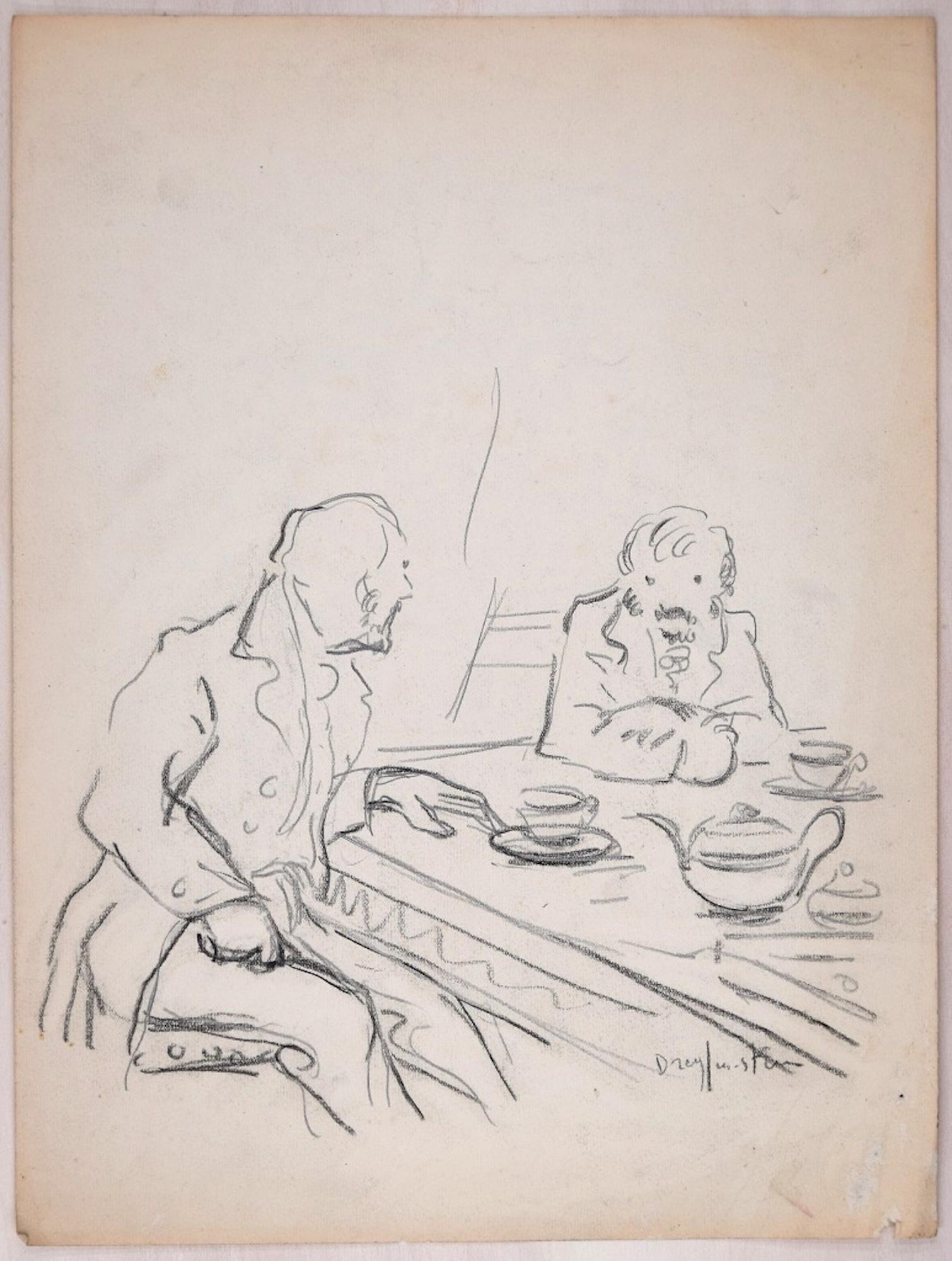 Jean Dreyfus-Stern Interior Art - Sketch for a Conversation - Original Charcoal Drawing by J. Dreyfus-Stern 