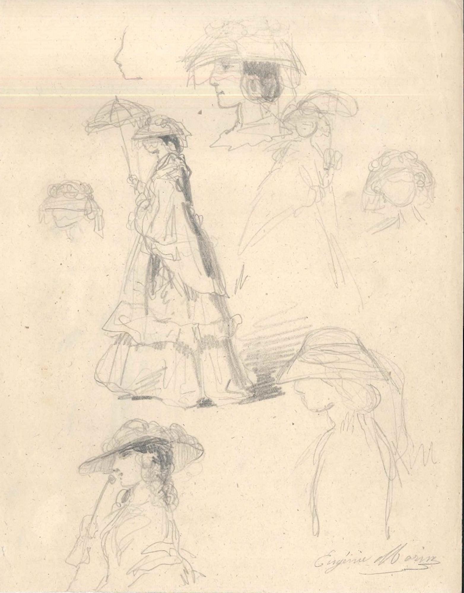 Femme à la mode - Dessin original au crayon par E. Morin - Milieu du XIXe siècle