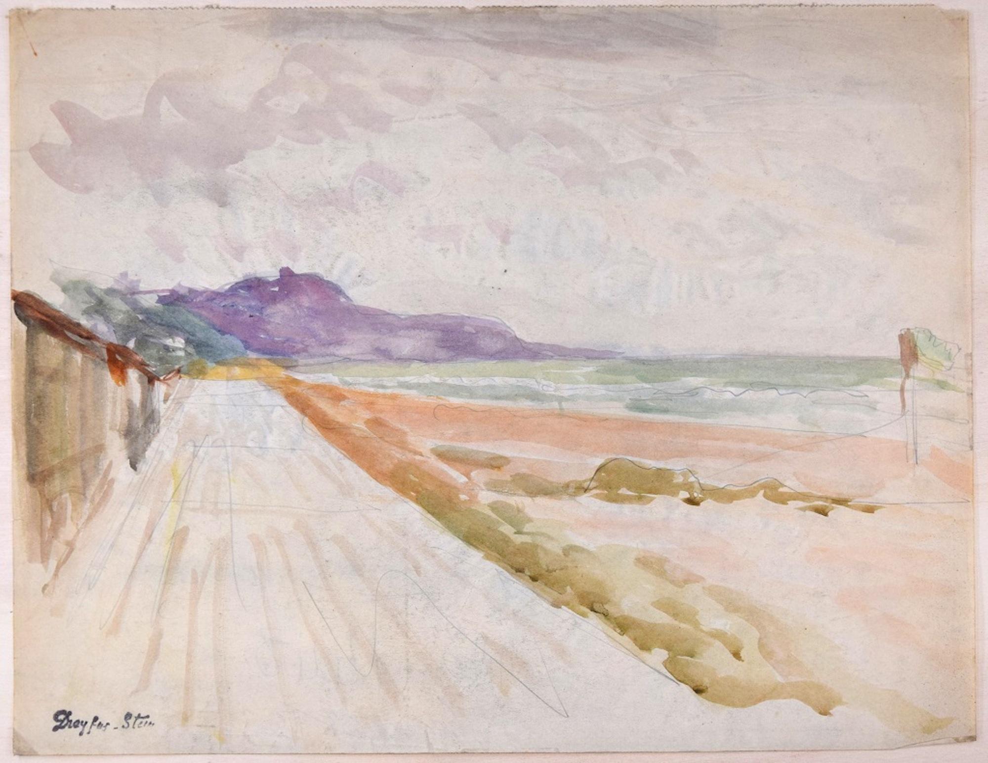 Jean Dreyfus-Stern Landscape Art - Landscape with Road - Pencil Drawing and Watercolor by J. Dreyfus-Stern 