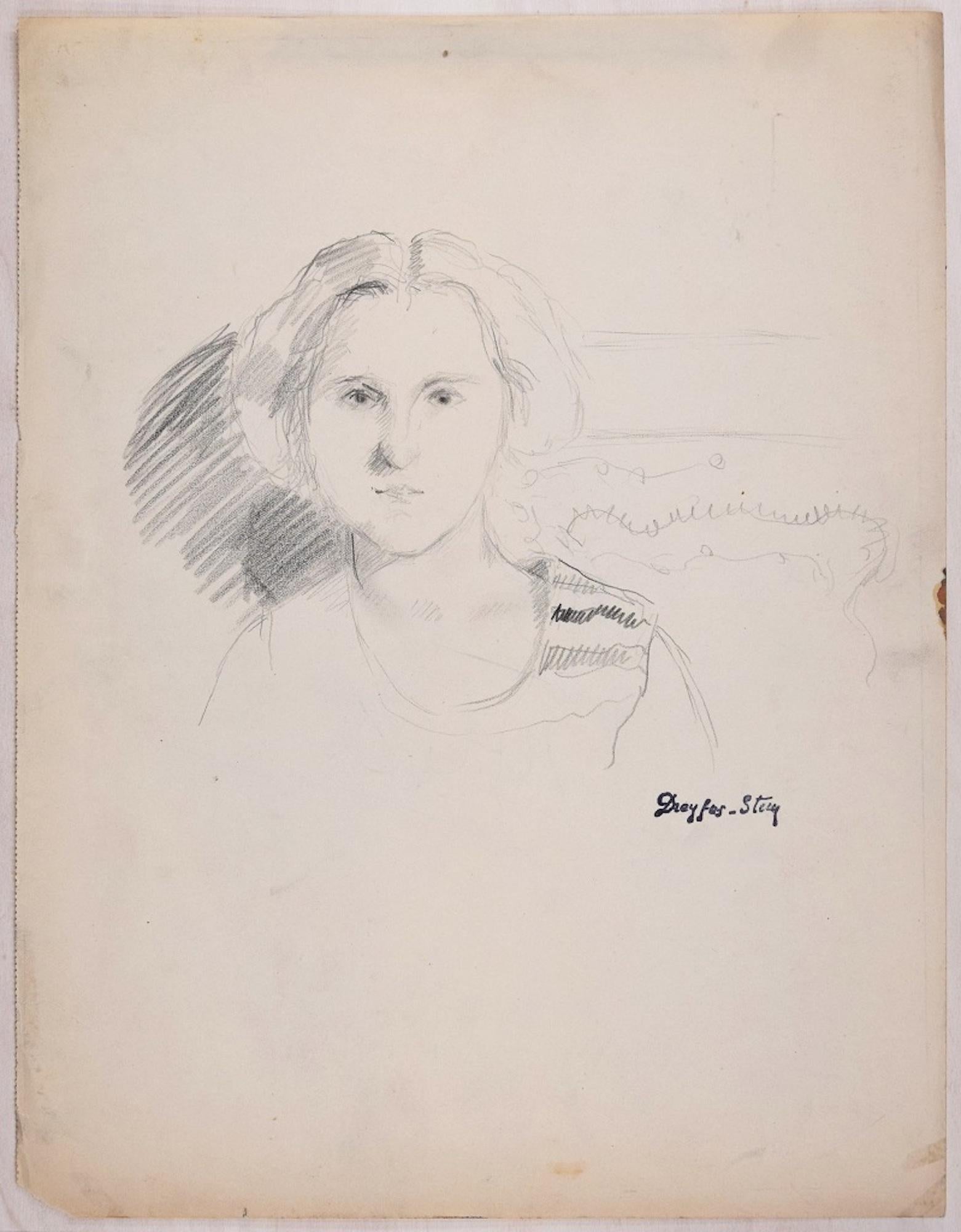 Jean Dreyfus-Stern Interior Art - Portrait of a Woman - Original Pencil Drawing by J. Dreyfus-Stern 