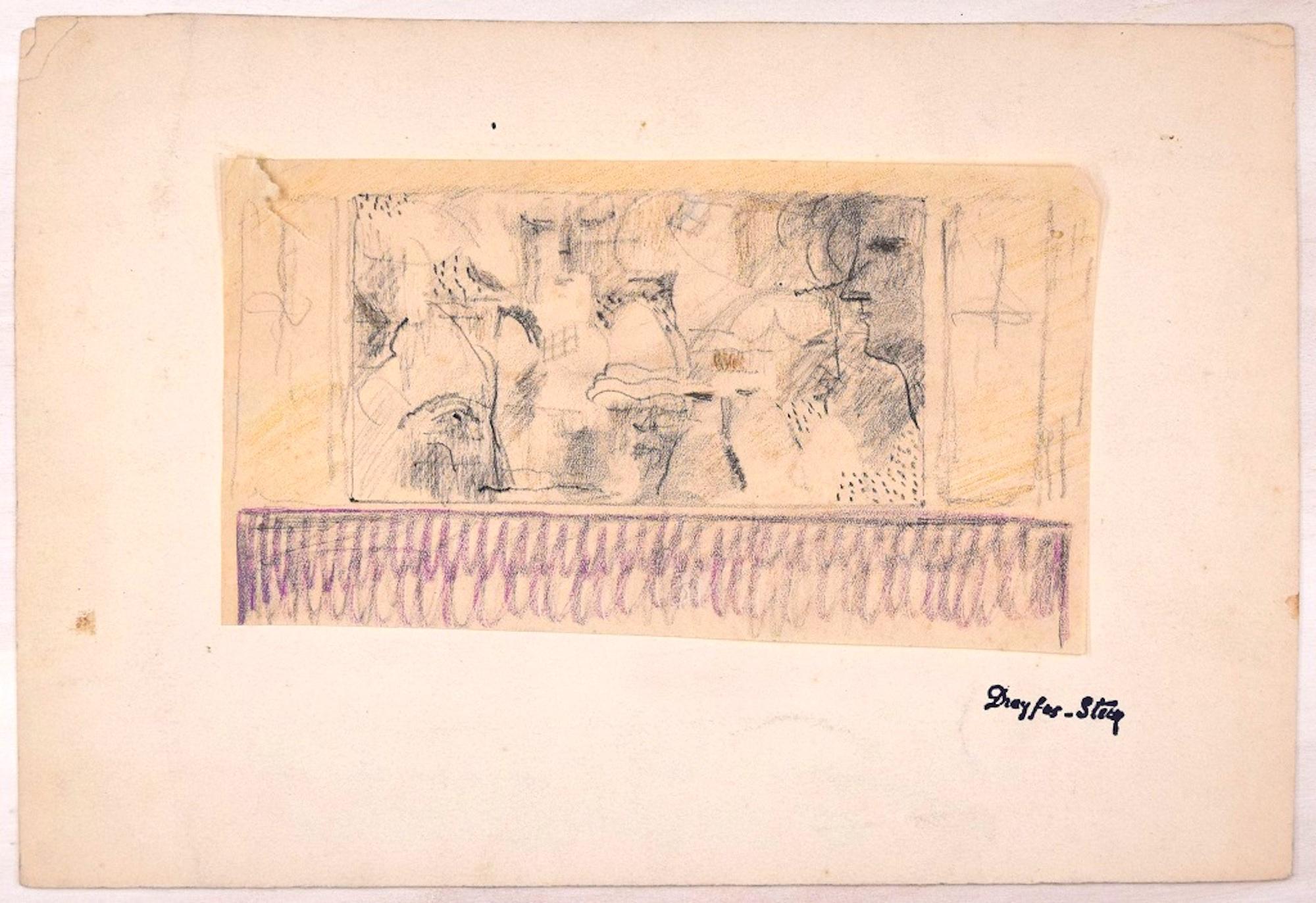 Jean Dreyfus-Stern Figurative Art - Sketch of a Café - Original Pencil and Pastel Drawing by J. Dreyfus-Stern 