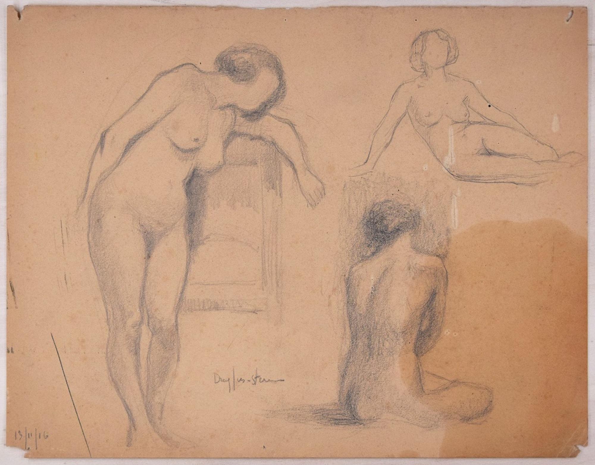Sketches of Female Nudes - Original Pencil Drawing by J. Dreyfus-Stern 