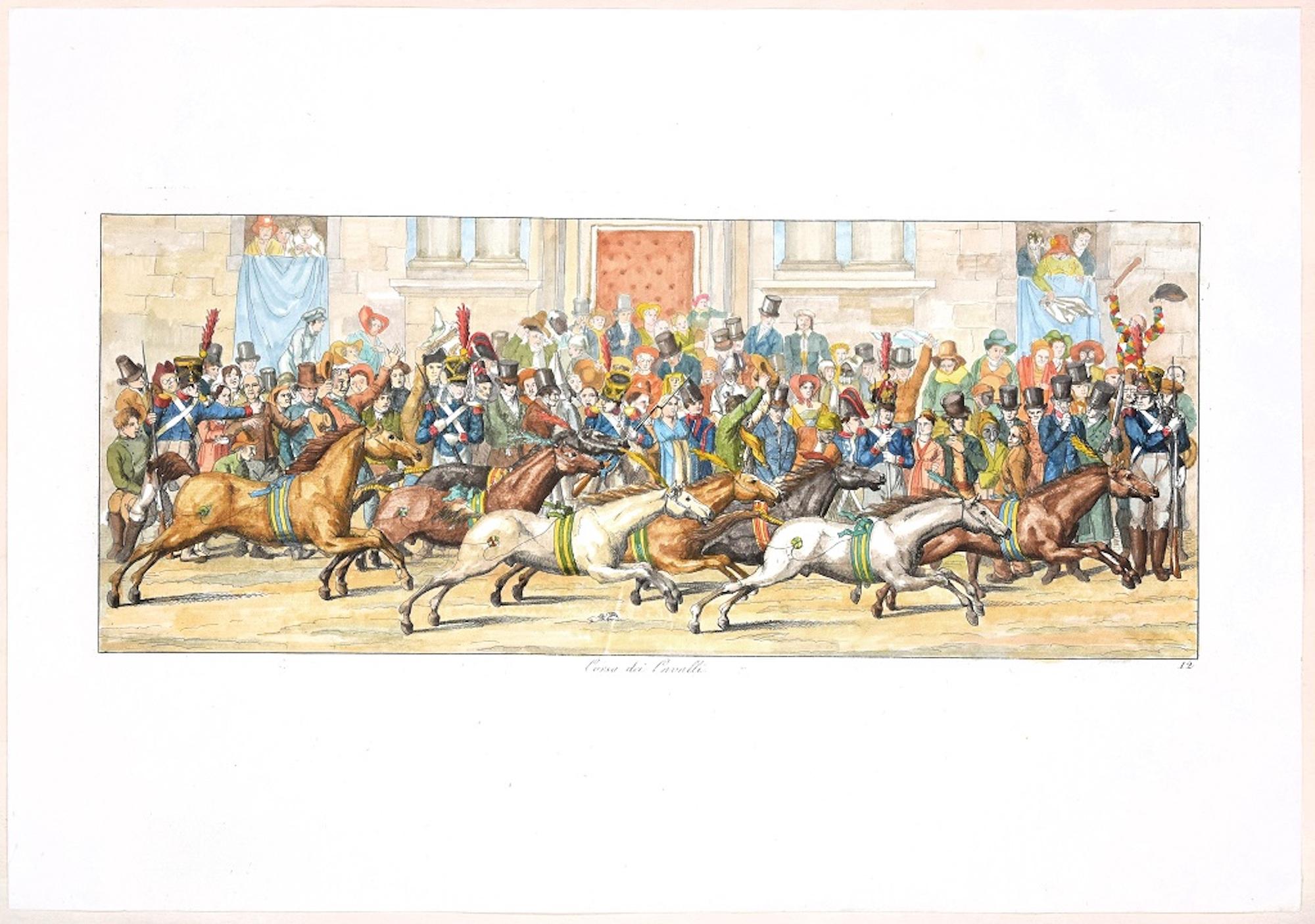 Figurative Print Carl Gustaf Hyalmar Morner - Eau-forte originale de la course de chevaux par C. G. Hyalmar Morner - 1820
