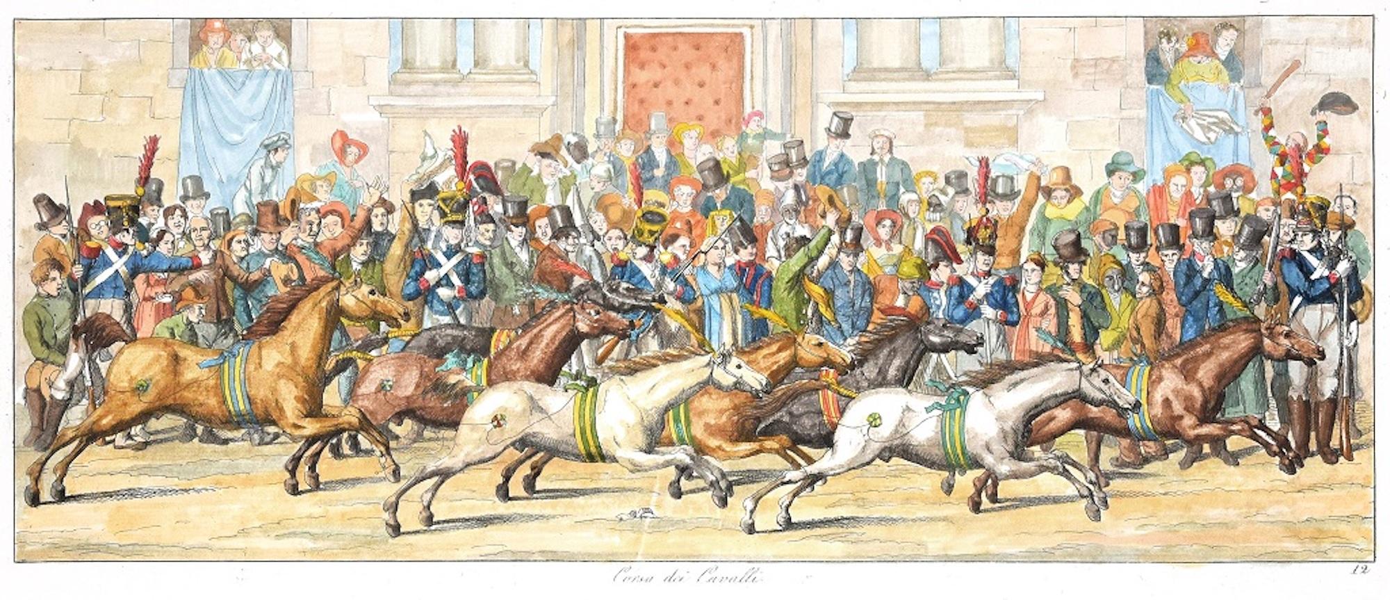 Eau-forte originale de la course de chevaux par C. G. Hyalmar Morner - 1820 - Print de Carl Gustaf Hyalmar Morner