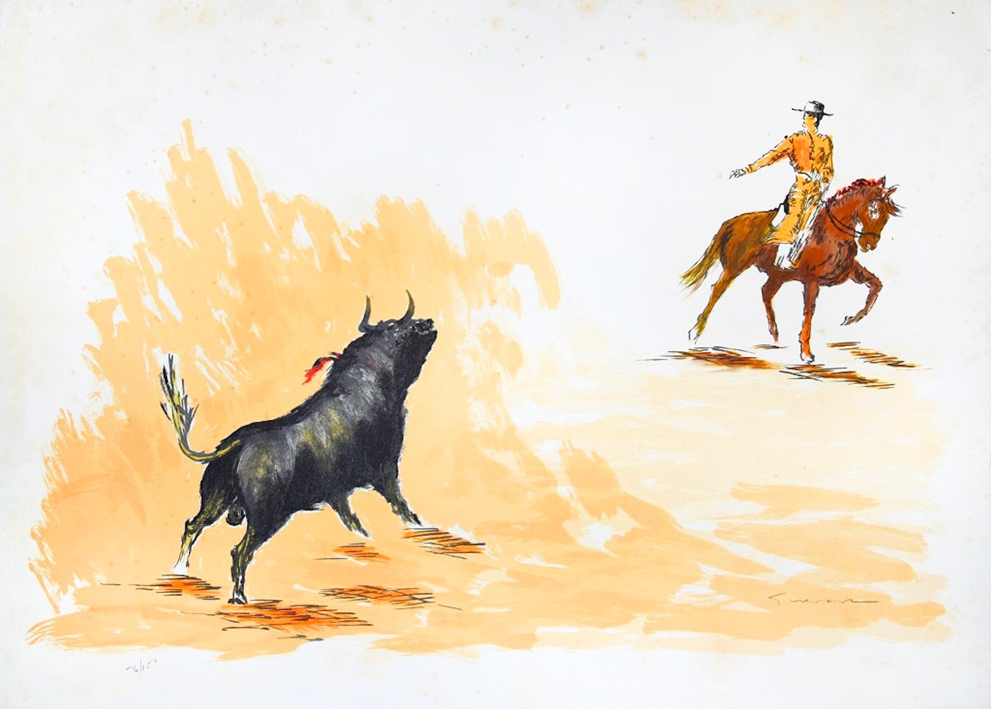 Bull and Bullfighter – Originallithographie von Jos Guevara – 1990er Jahre