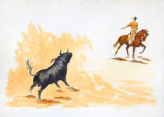 Bull and Bullfighter - Original Lithograph by José Guevara - 1990s
