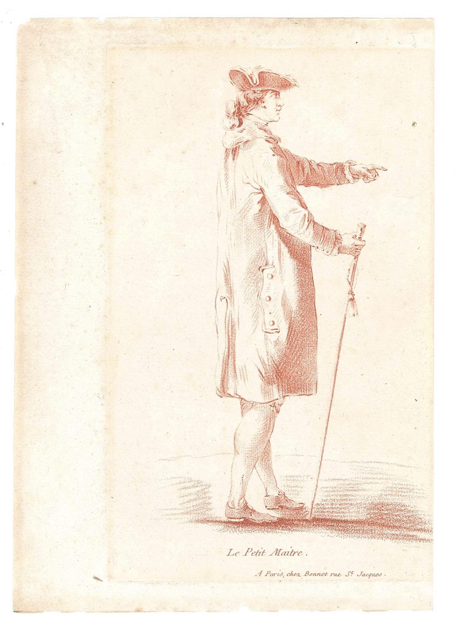 Louis-Marin Bonnet Portrait Print - Le Petit Maitre - Original Etching and Pastel by L-M Bonnet - Late 18th Century