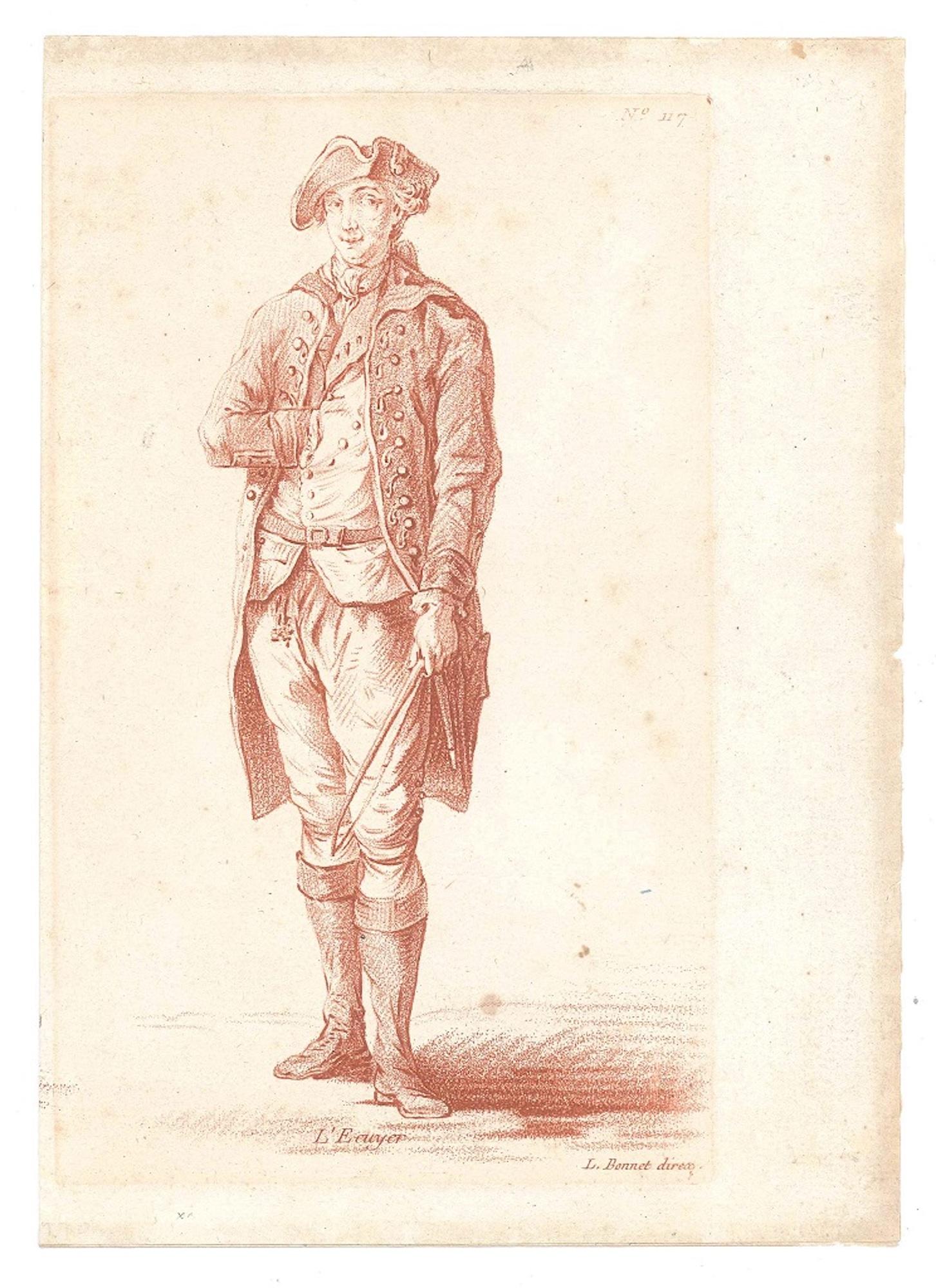 Louis-Marin Bonnet Portrait Print – L'Ecuyer - Radierung und Pastell von L-M Bonnet - Ende 18. Jahrhundert