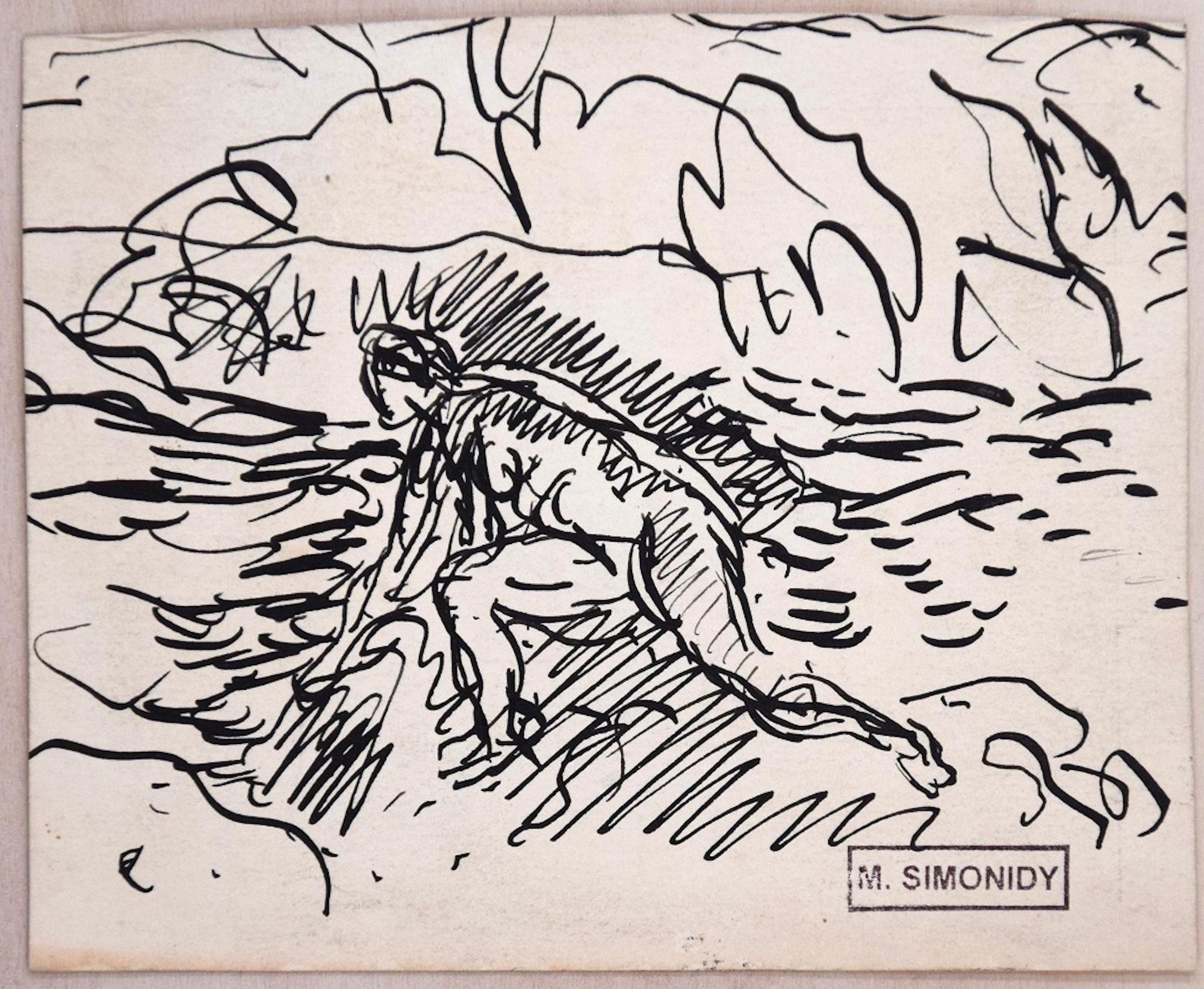 Bather Sketch - Original Ink Drawing by Michel Simonidy - 1910s