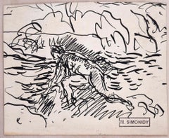 Boceto de bañista - Dibujo original en tinta de Michel Simonidy - Década de 1910