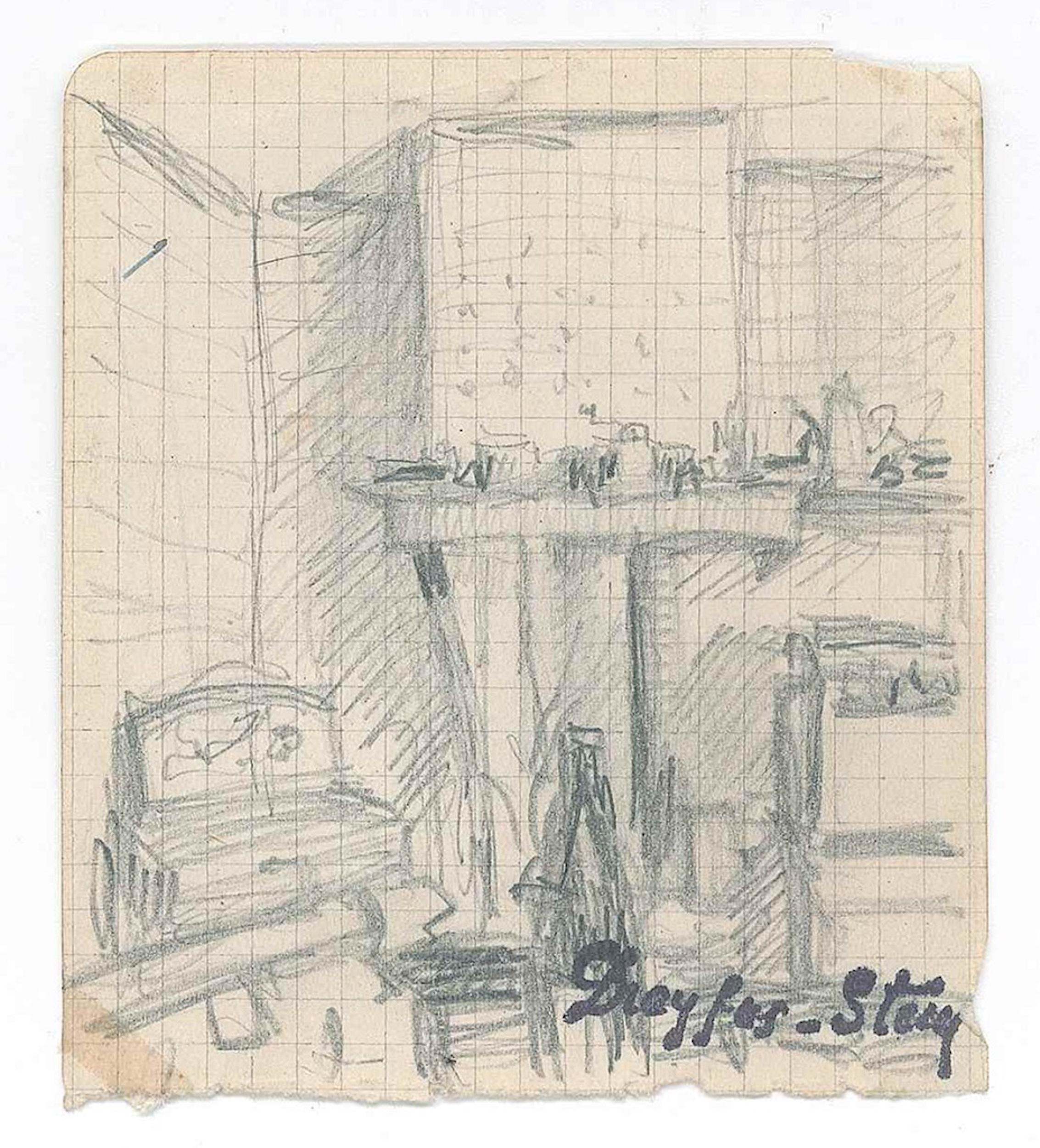 Jean Dreyfus-Stern Interior Art – Kleine Skizze der Inneneinrichtung  Bleistift  Zeichnung von J. Dreyfus-Stern  1920er Jahre