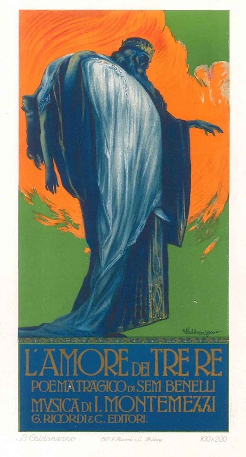 Luigi Caldanzano Figurative Print - L'Amore dei Tre Re - Original Advertising Lithograph by L. Caldanzano - 1913