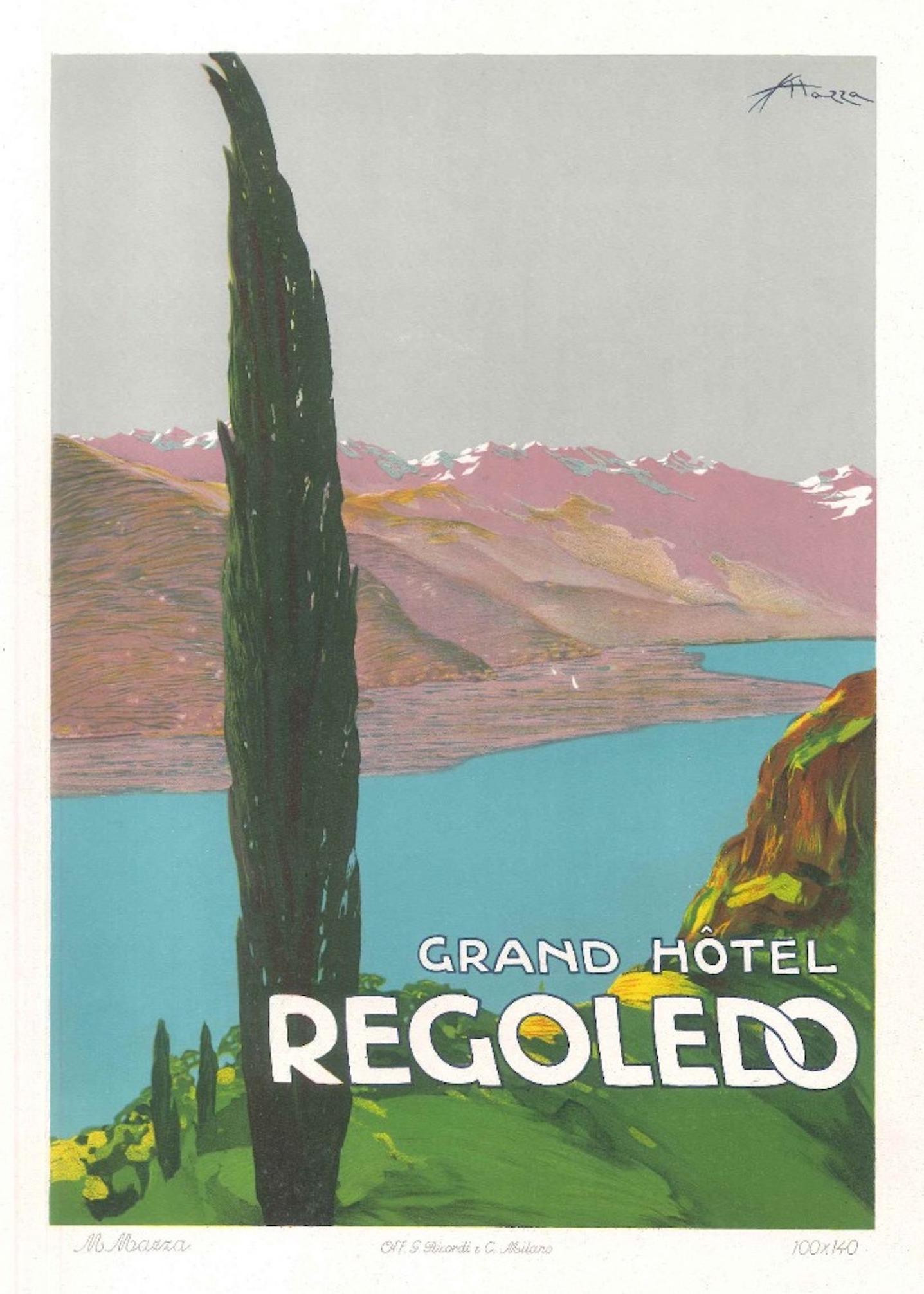 Enrico Sacchetti Figurative Print – Grand Hotel Rogoledo - Original Werbelithographie von E. Sacchetti -1914 ca.