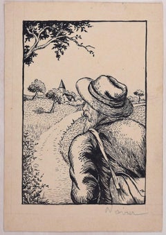 Man in the Field  - Original Woodcut by Lucie Navier - 1934