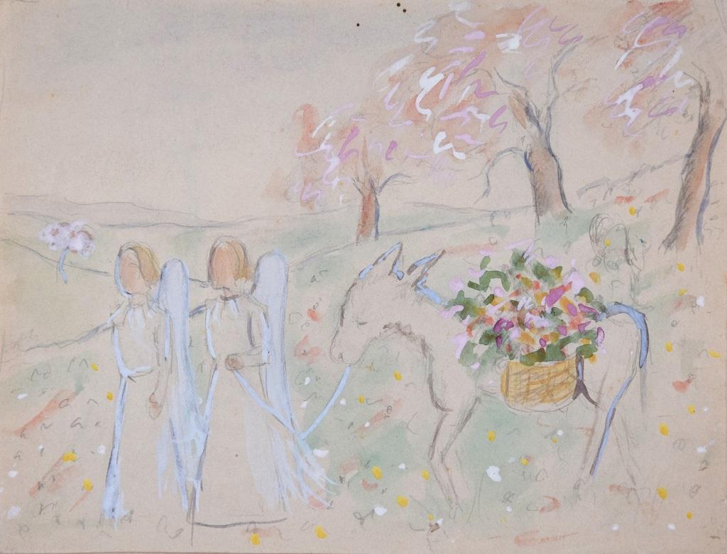Angels in the Garden is an original artwork realized by Lucie Navier in the 1930s.

Original Pencil, Watercolor and Tempera on Paper. 

Very good conditions. 

Luminous composition representing two angels with a donkey in a natural landscape. The