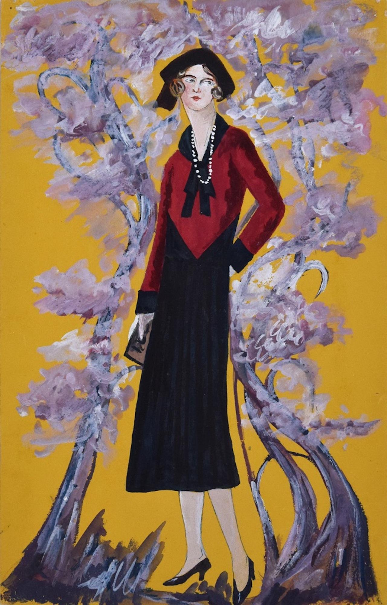 Madame im Blütengarten ist ein Originalgemälde von Lucie Navier aus dem Jahre 1931.

Original-Tempera auf Papier. 

Sehr guter Zustand. 

Bunte Zusammensetzung, die eine weibliche Figur mit einem eleganten Anzug und einem insgesamt gelben