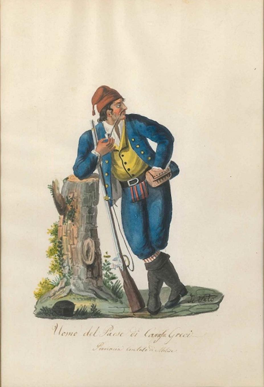 Uomo del Paese di Carafa Greci - Watercolor by M. De Vito - 1820 ca.