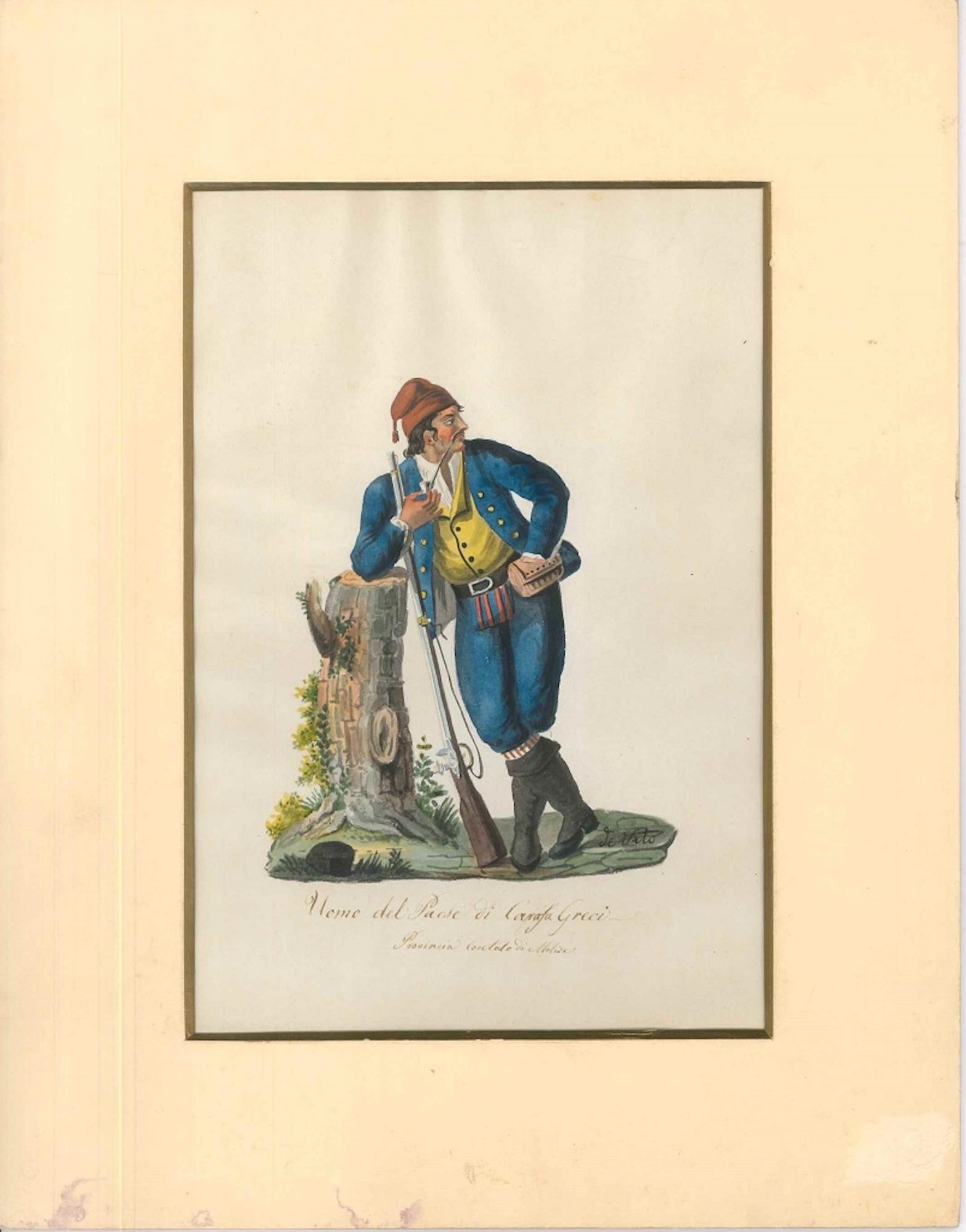 Uomo del Paese di Carafa Greci – Aquarell von M. De Vito – 1820, ca. – Art von Michela De Vito