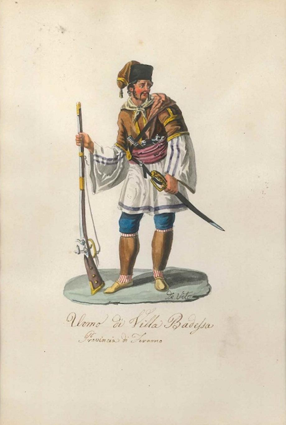 Michela De Vito Figurative Art - Man from Villa Badessa- Original Watercolor by M. De Vito - 1820 ca.