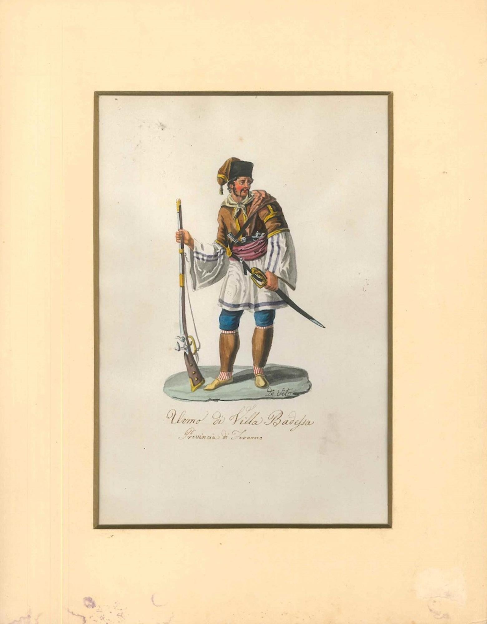 Man from Villa Badessa- Original Watercolor by M. De Vito - 1820 ca. - Art by Michela De Vito