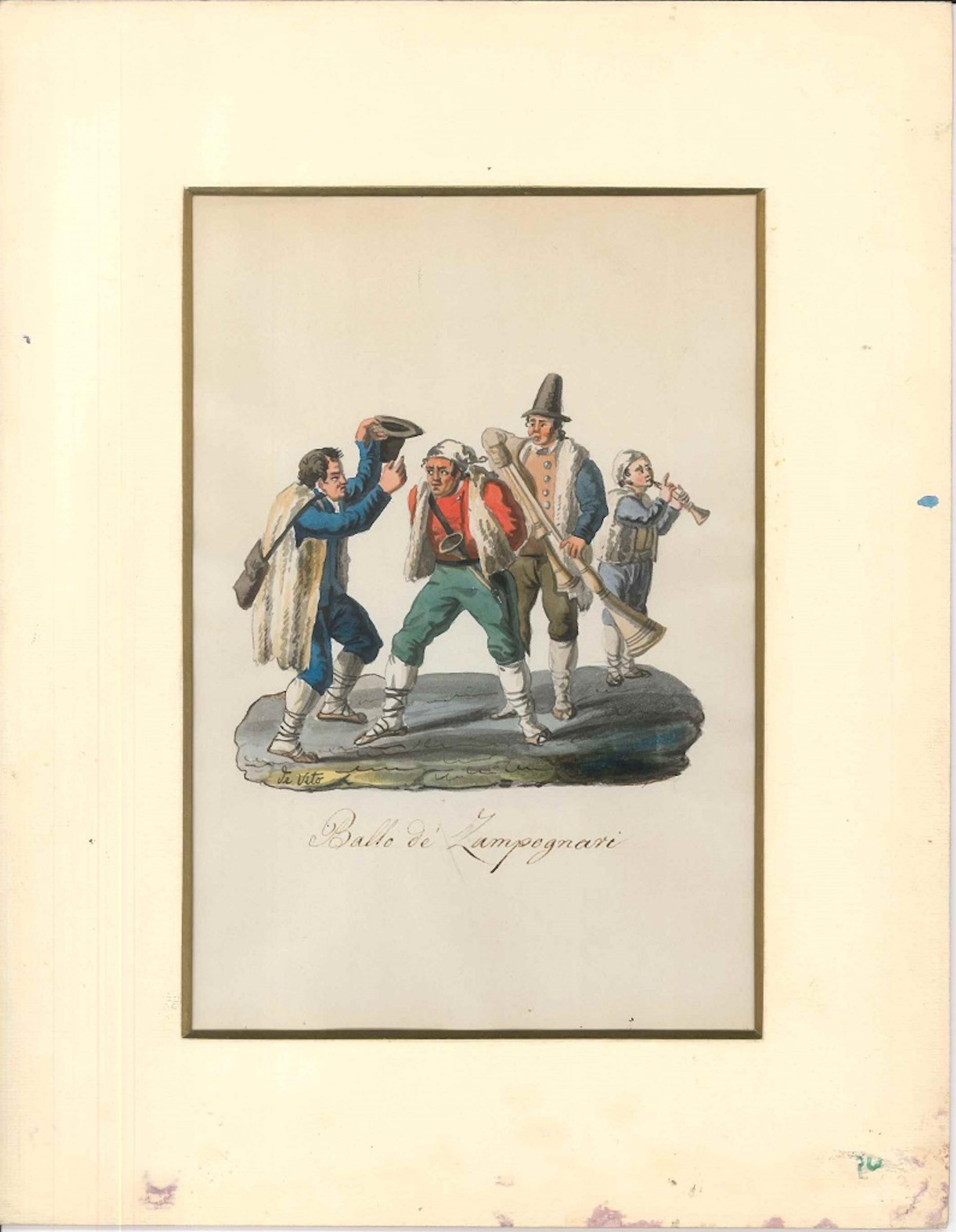 Ballo de' Zampognari - Watercolor by M. De Vito - 1820 ca. - Art by Michela De Vito