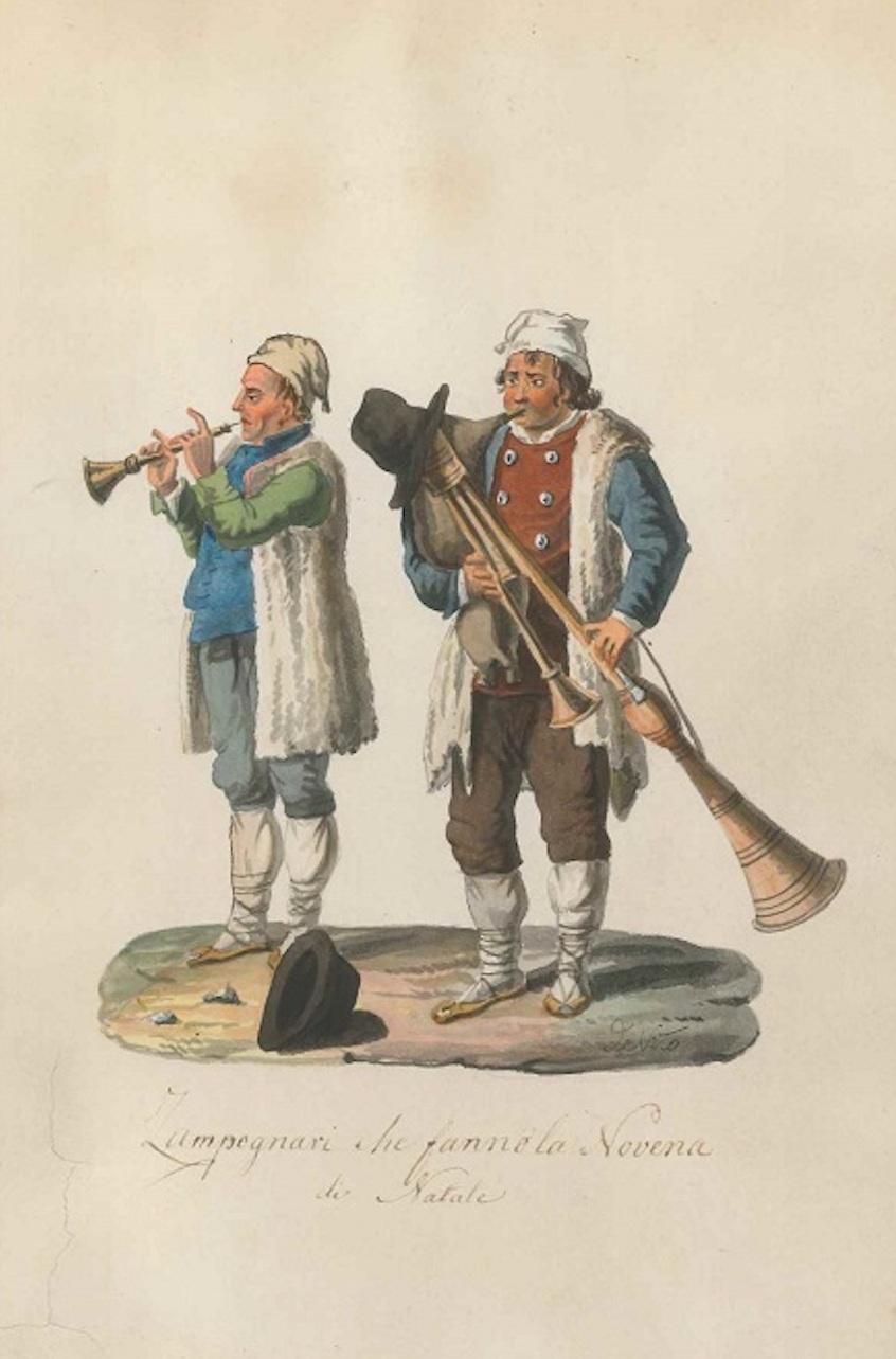 Zampognari che fanno la Novena di Natale - Watercolor by M. De Vito - 1820 ca.