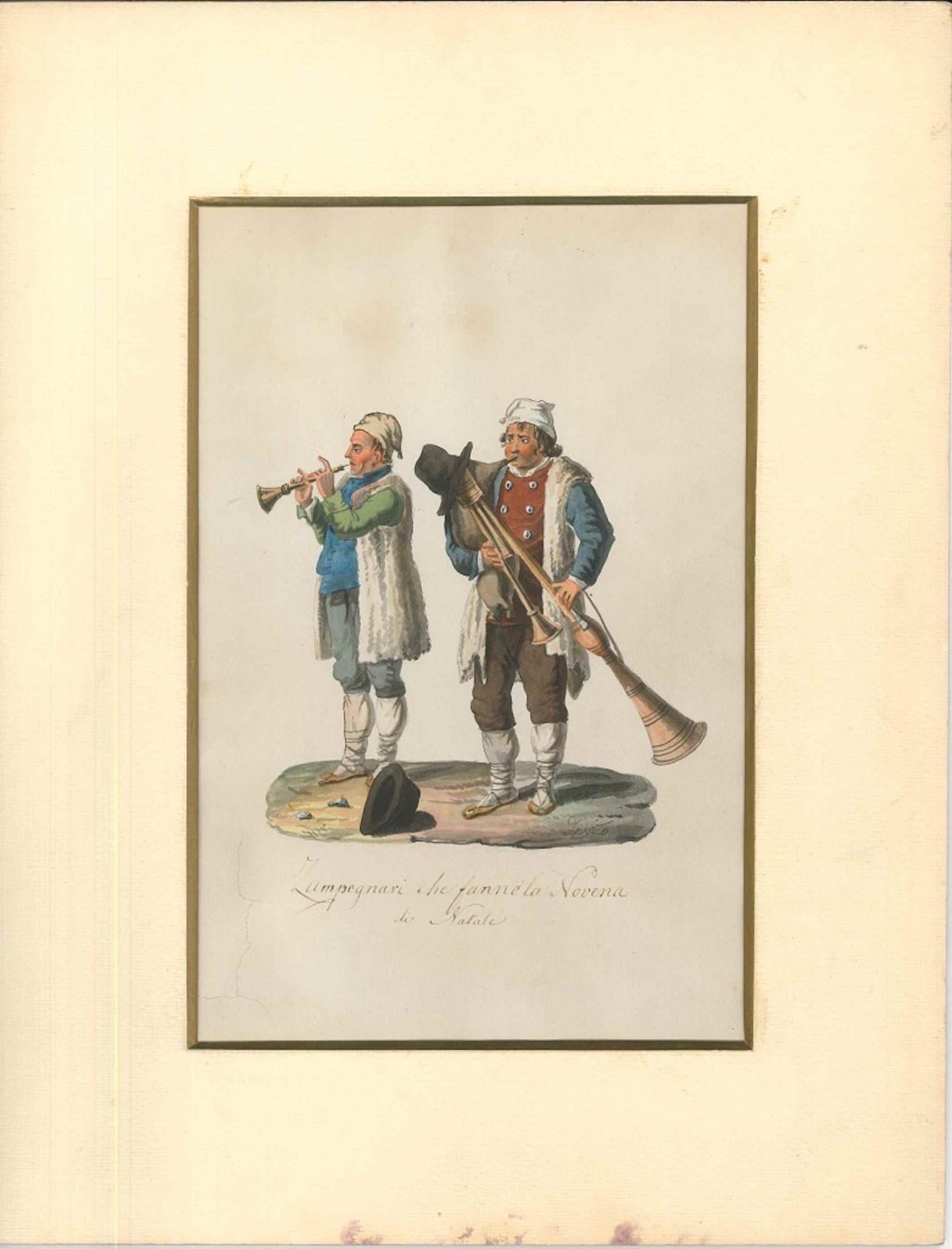 Zampognari che fanno la Novena di Natale - Watercolor by M. De Vito - 1820 ca. - Art by Michela De Vito