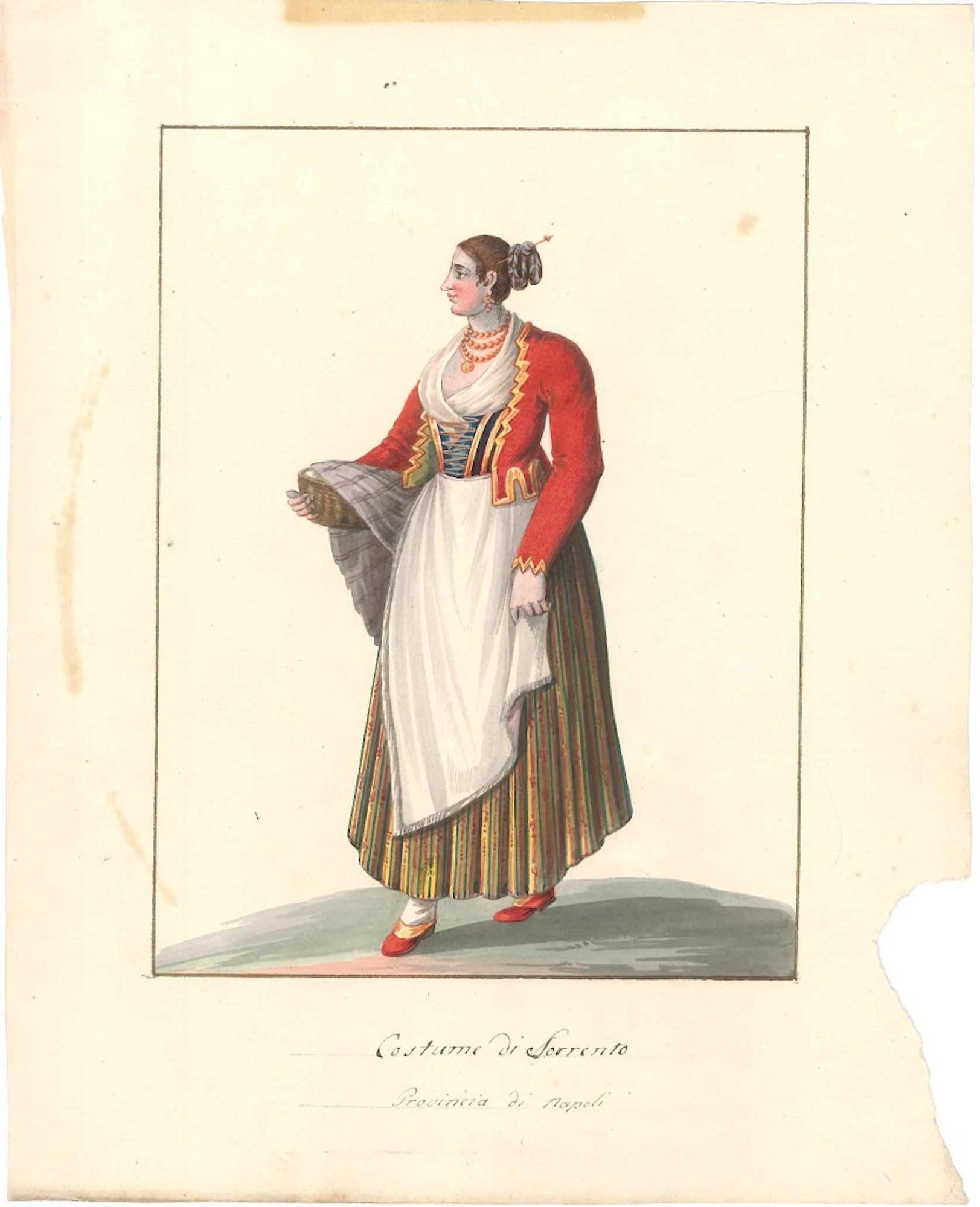 Costume di Sorrento - Aquarelle de M. De Vito, 1820 environ. - Art de Michela De Vito